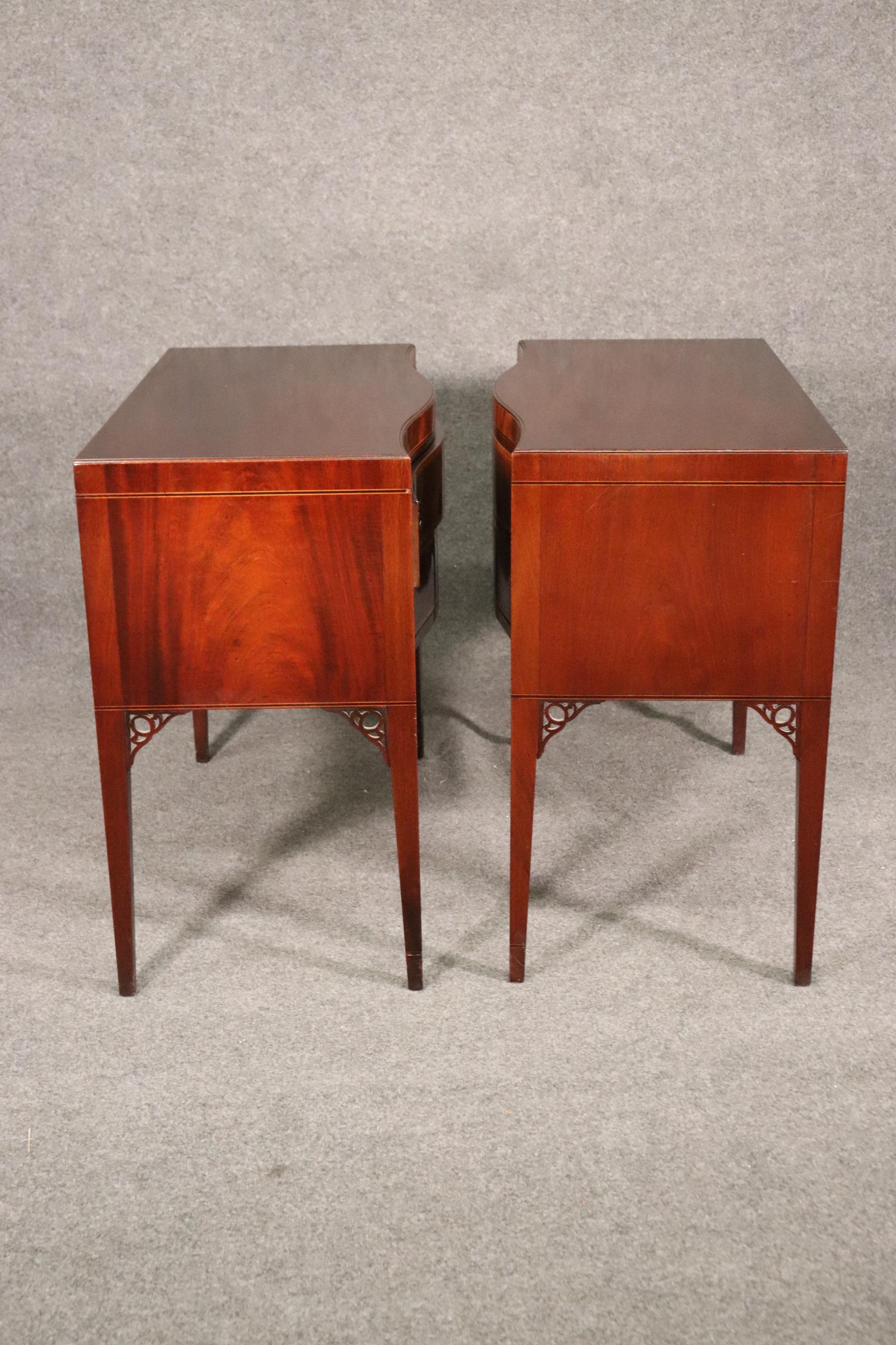 Fine Pair Baker Banded Flame Mahogany Two Drawer Console Tables Buffets C1940 In Good Condition In Swedesboro, NJ