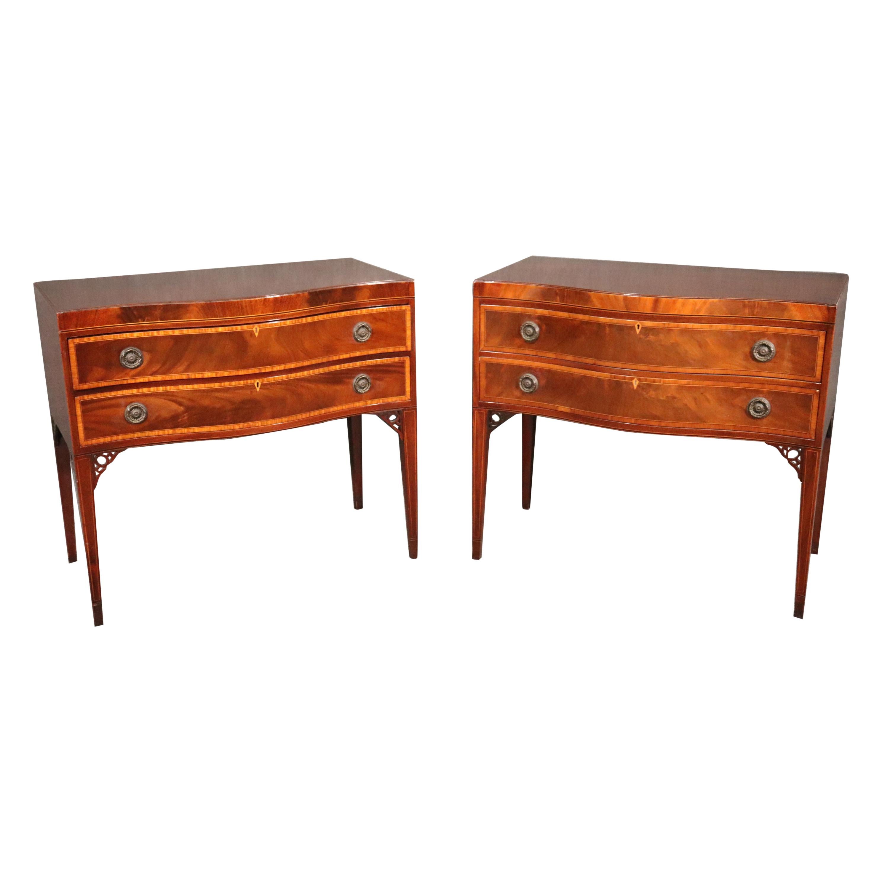 Fine Pair Baker Banded Flame Mahogany Two Drawer Console Tables Buffets C1940