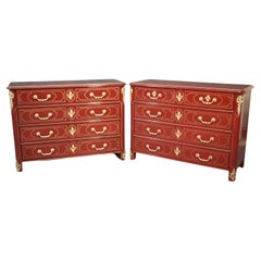 Fine Pair Baker Louis XVI Bronze Mounted Commodes in Red Lacquer