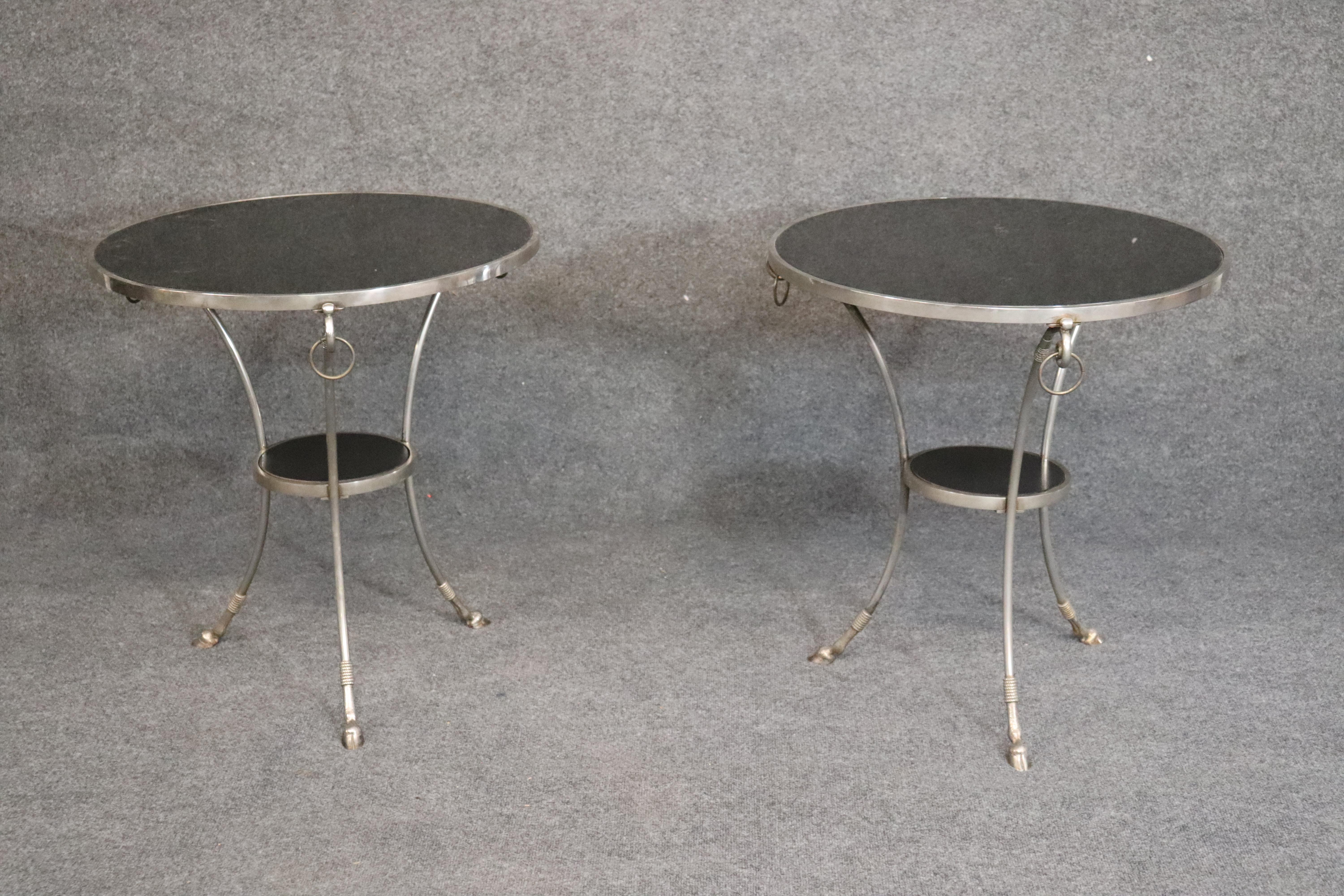 Fine Pair of Black Marble-Top Steel French Louis XVI Gueridons End Tables  1