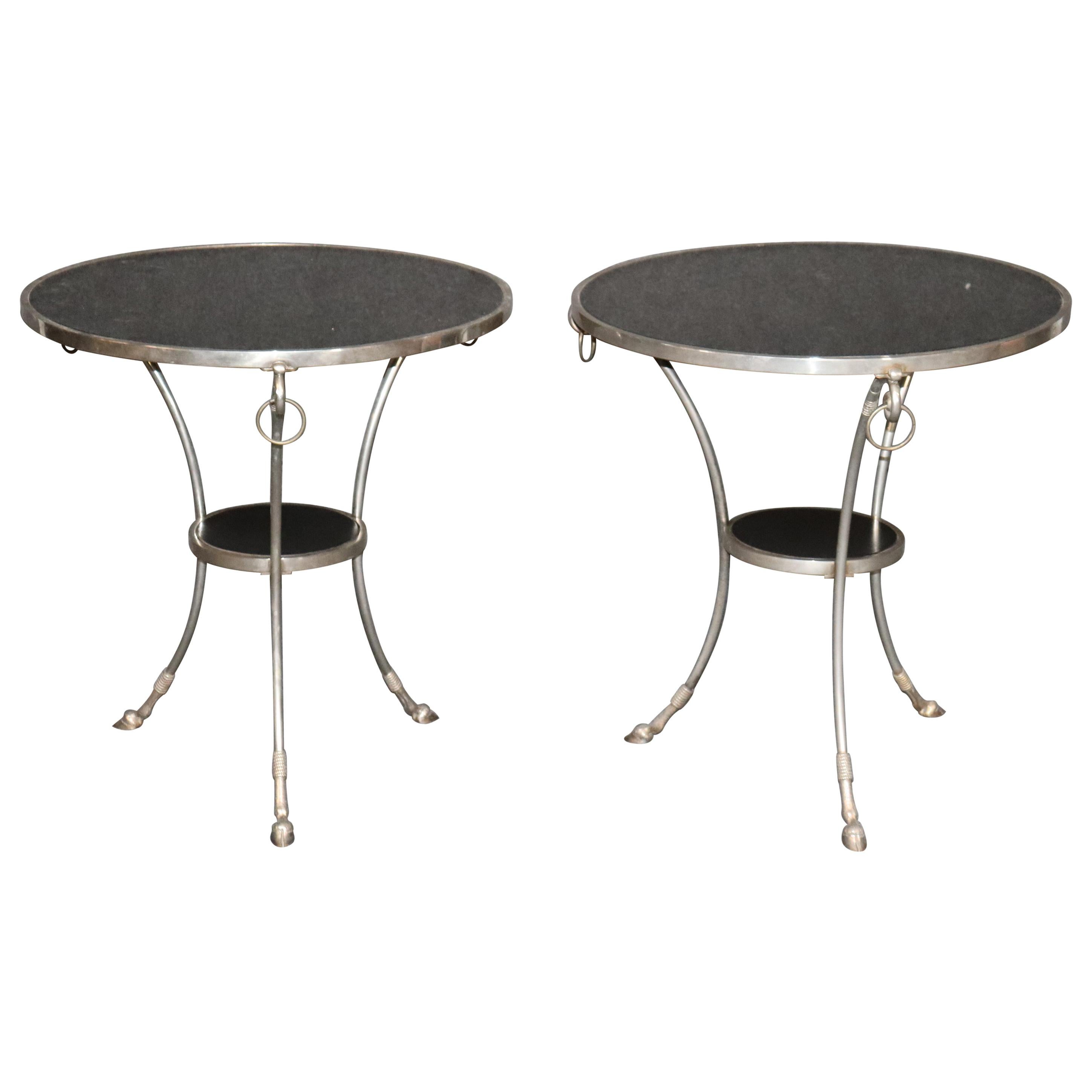 Fine Pair of Black Marble-Top Steel French Louis XVI Gueridons End Tables 