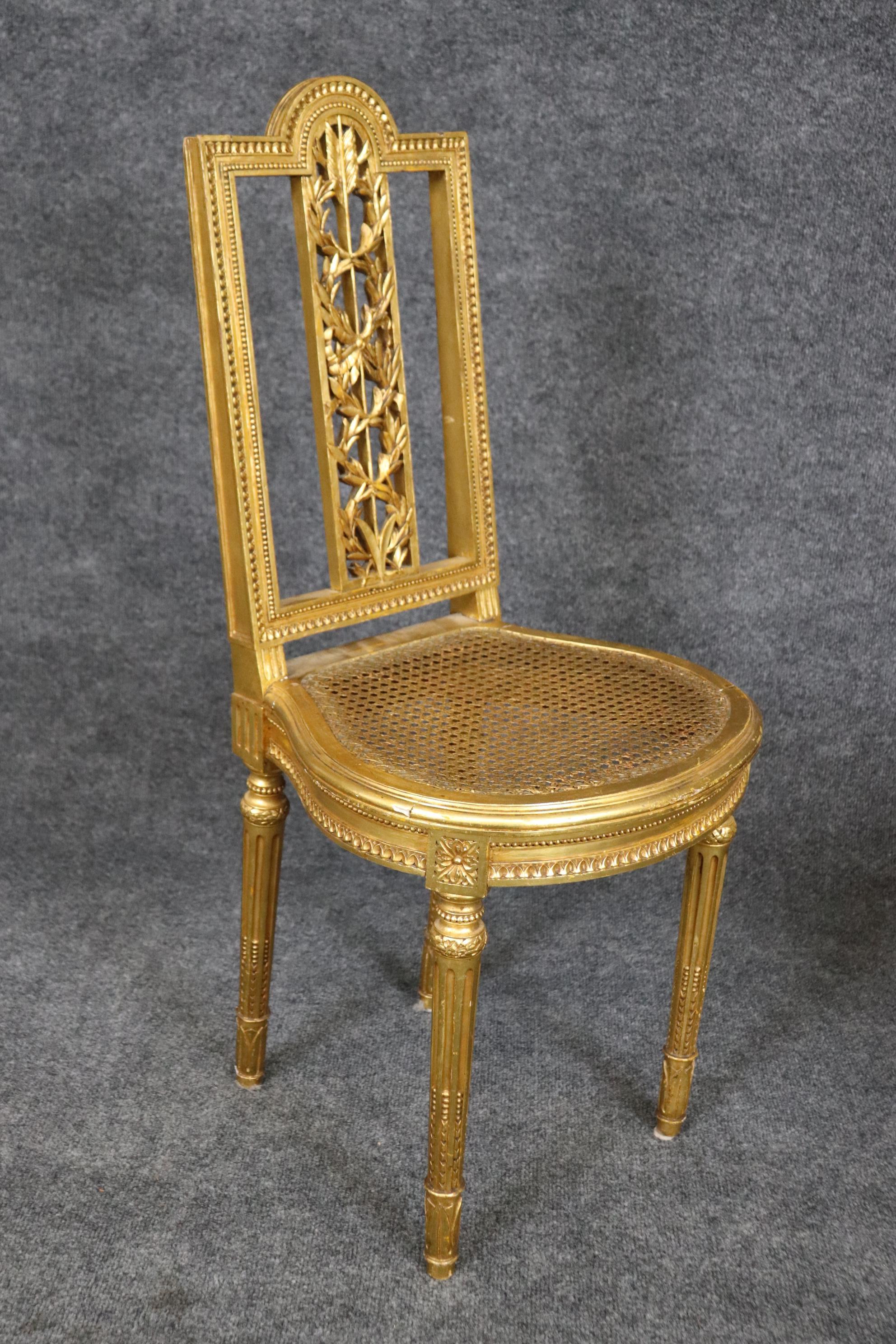 Fine Pair Bright Gilded French Cane Louis XVI Directoire Side Parlor Chairs For Sale 6