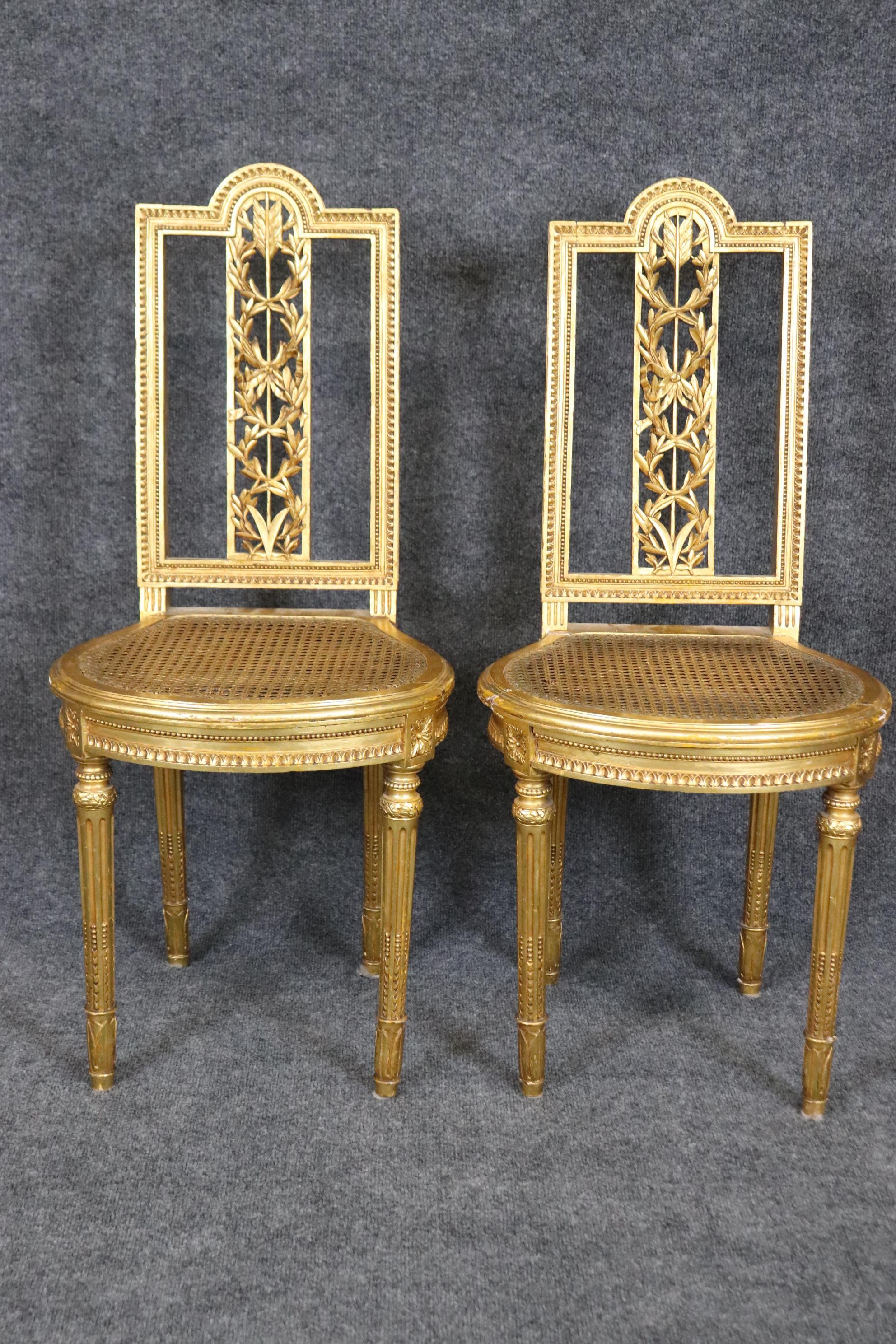 Fine Pair Bright Gilded French Cane Louis XVI Directoire Side Parlor Chairs For Sale 2