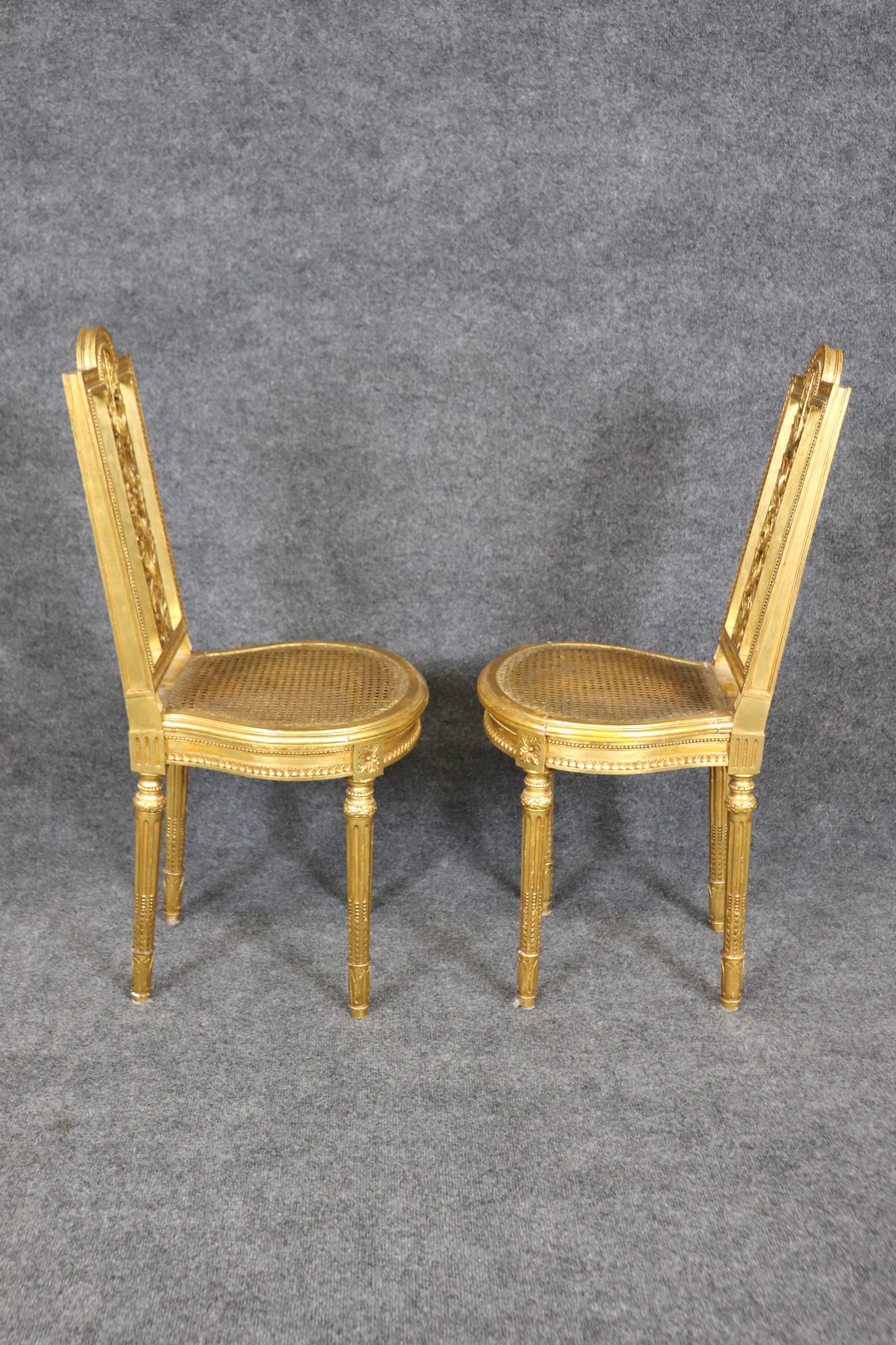 Fine Pair Bright Gilded French Cane Louis XVI Directoire Side Parlor Chairs For Sale 5