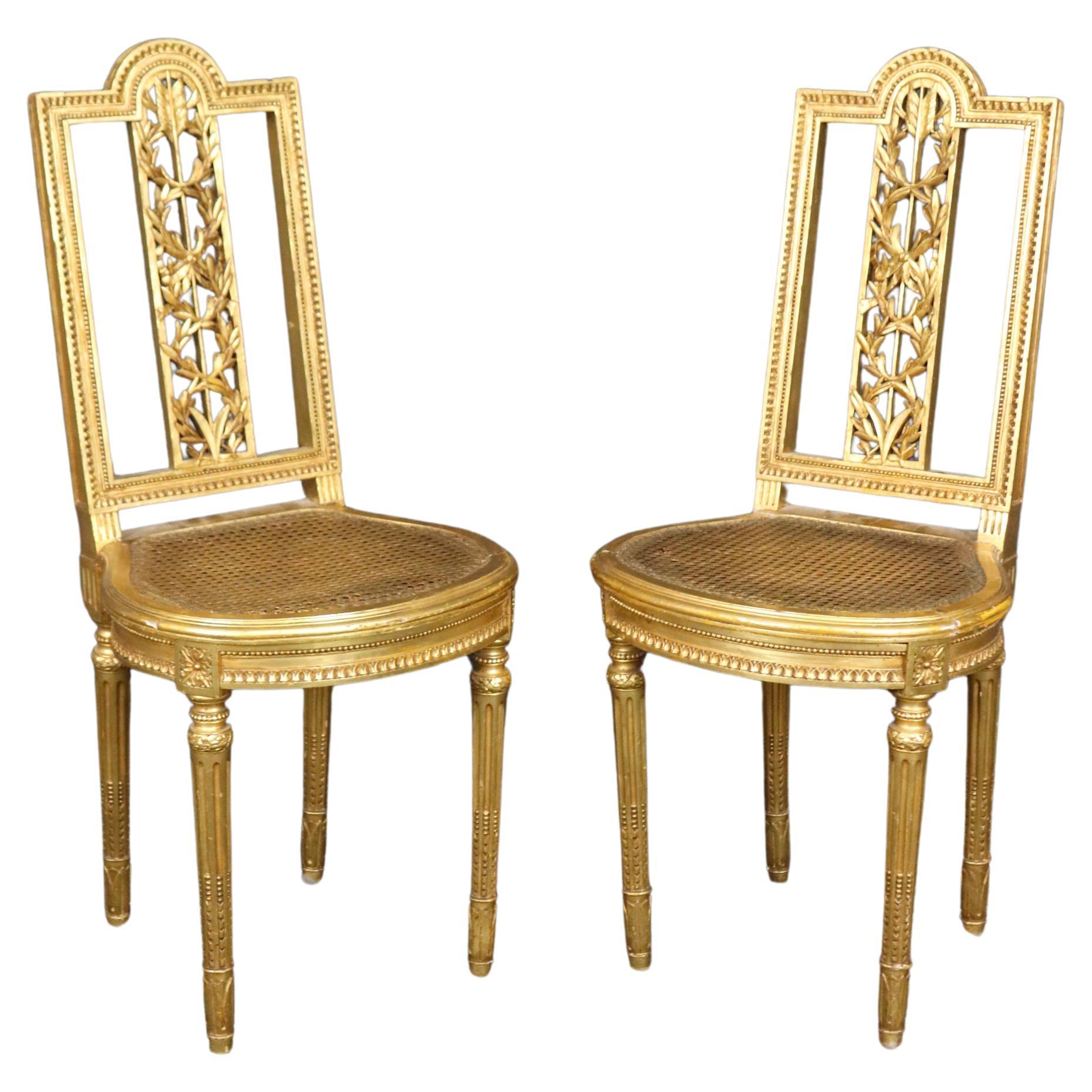 Fine Pair Bright Gilded French Cane Louis XVI Directoire Side Parlor Chairs For Sale