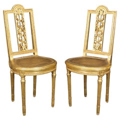 Fine Pair Bright Gilded French Cane Louis XVI Directoire Side Parlor Chairs