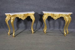 Fine Pair Bright Gold Gilded Marble Top French Louis XV Console Tables