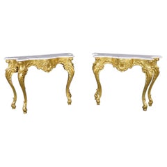 Fine Pair Bright Gold Gilded Marble Top French Louis XV Console Tables