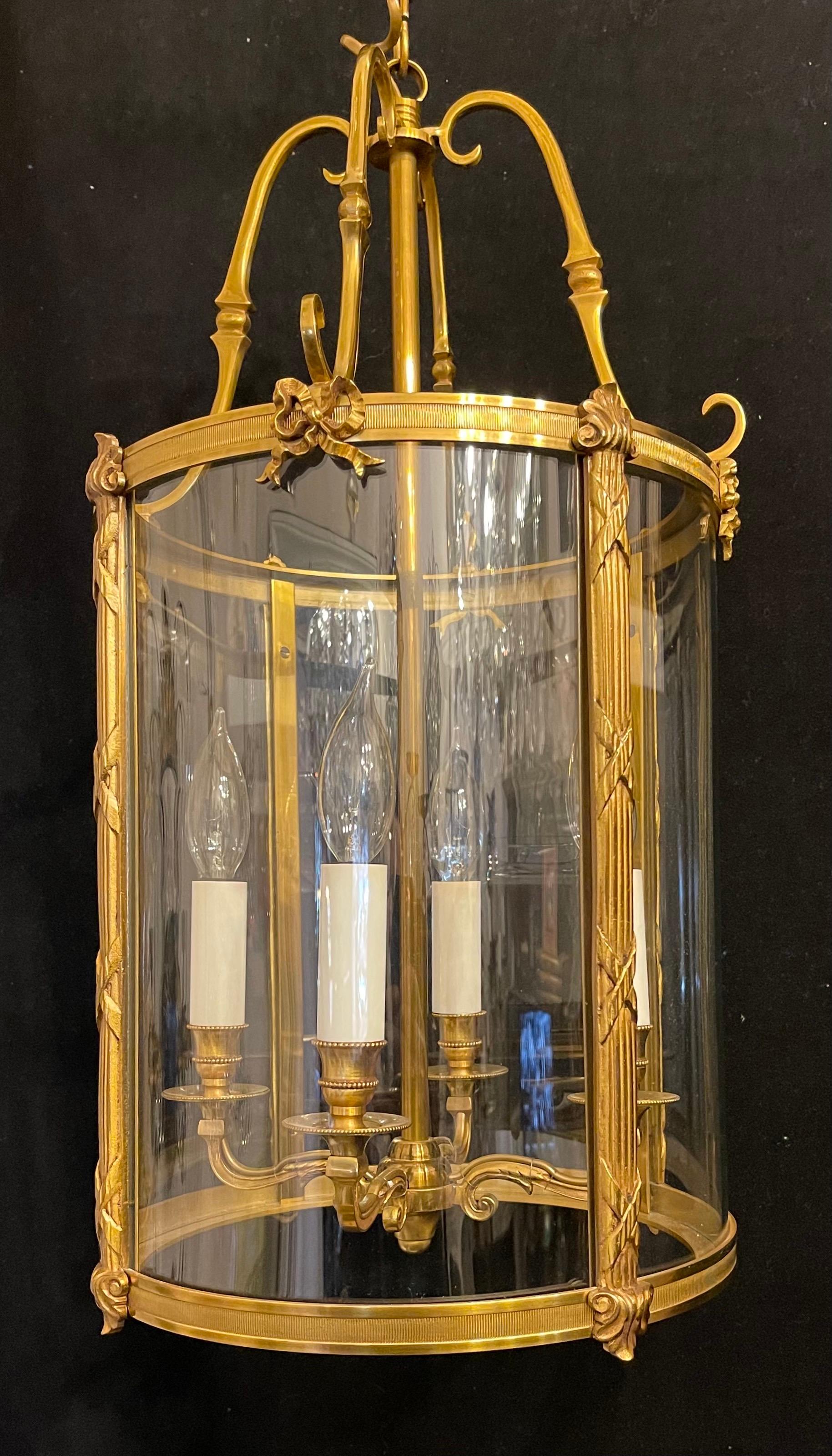 Fine Pair Bronze Readed X-Pattern Curved Glass Lantern Neoclassical Bow ...