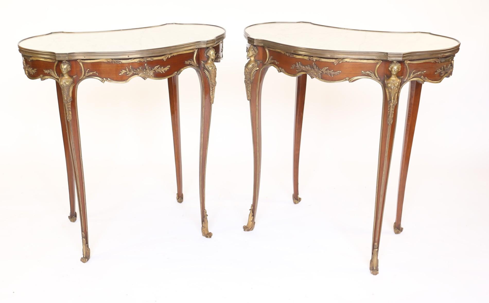 Polished Fine Pair French Amaranth, Marble & gilt Lamp Tables. For Sale