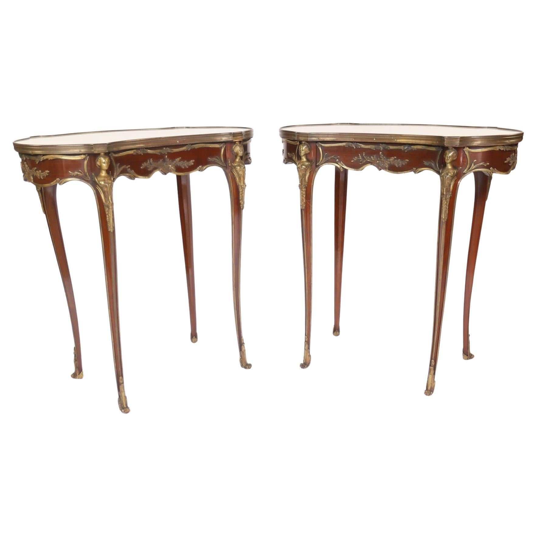 Fine Pair French Amaranth, Marble & gilt Lamp Tables. For Sale