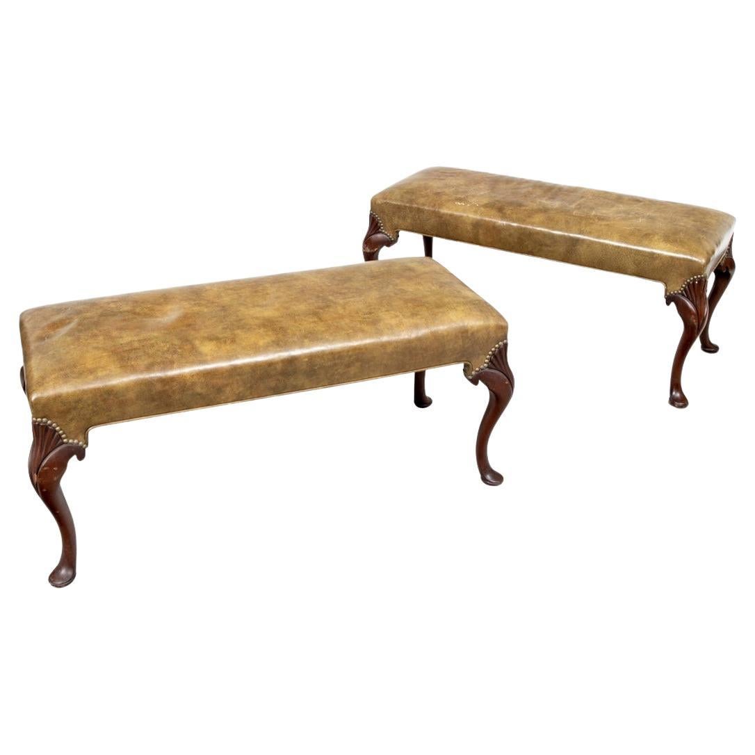 Fine Pair Carved Leather Top Benches For Sale