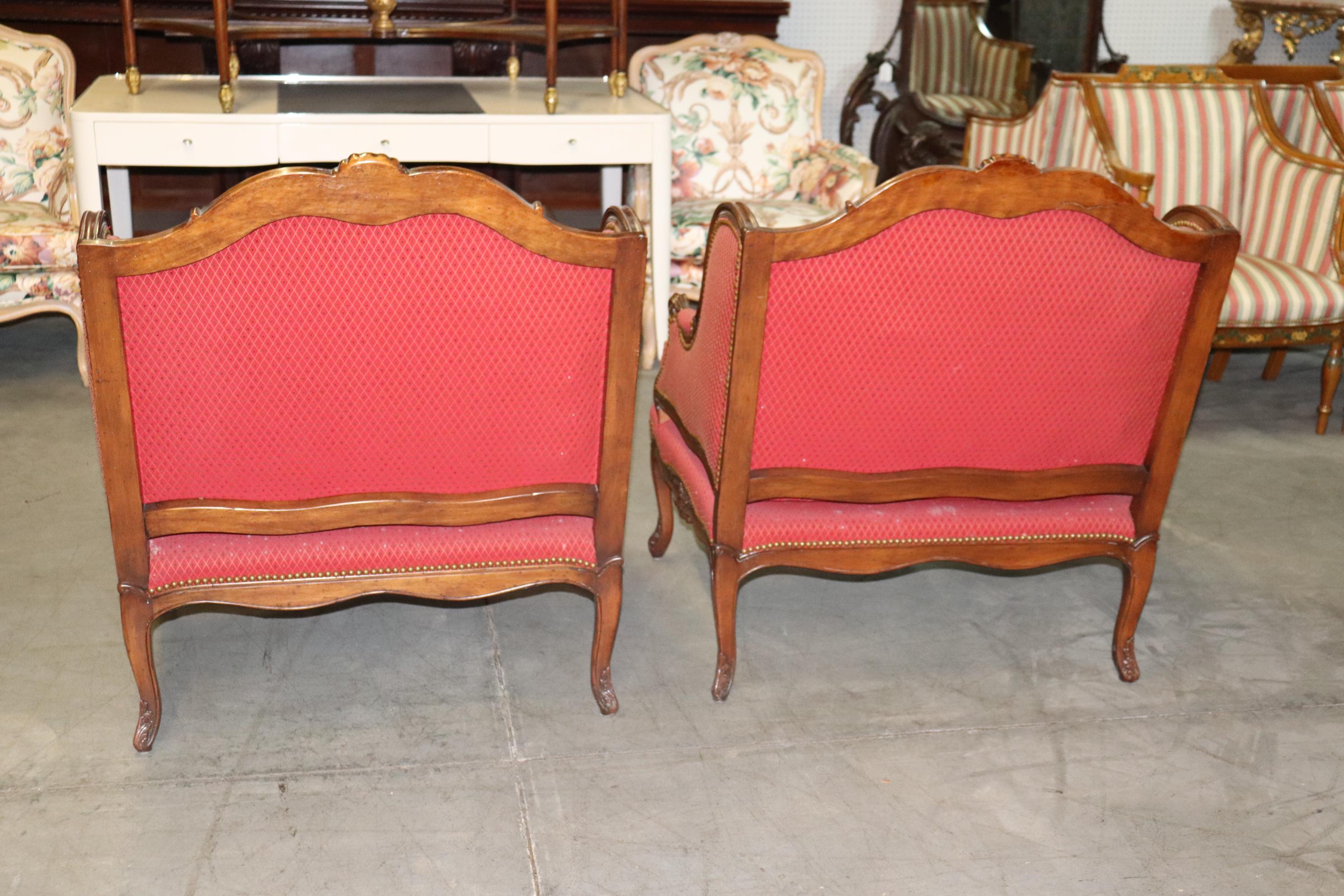 Fine Pair Carved Walnut French Louis XV Style Bergere Chairs Marquis Circa 1960s For Sale 5