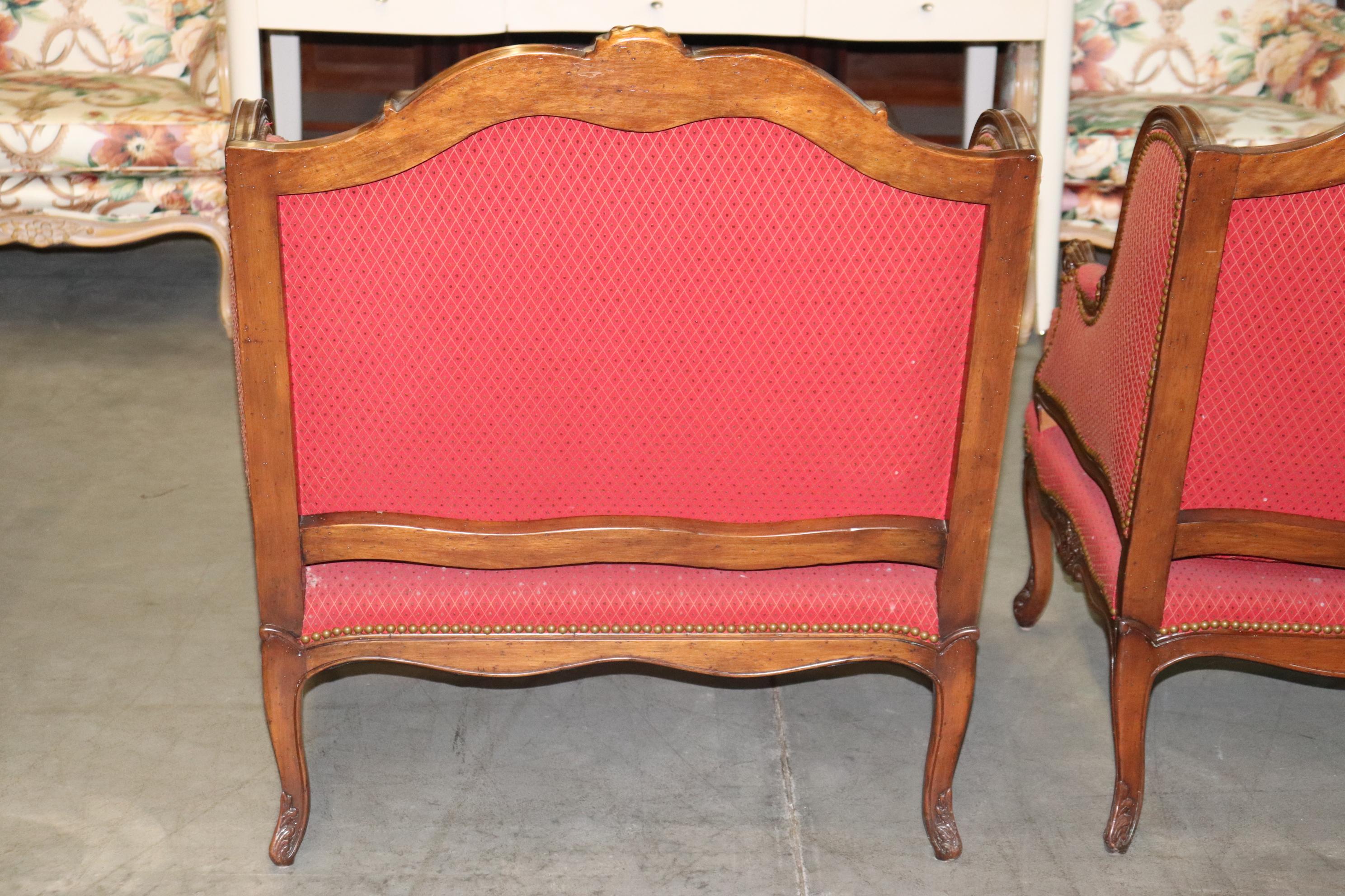Fine Pair Carved Walnut French Louis XV Style Bergere Chairs Marquis Circa 1960s For Sale 6