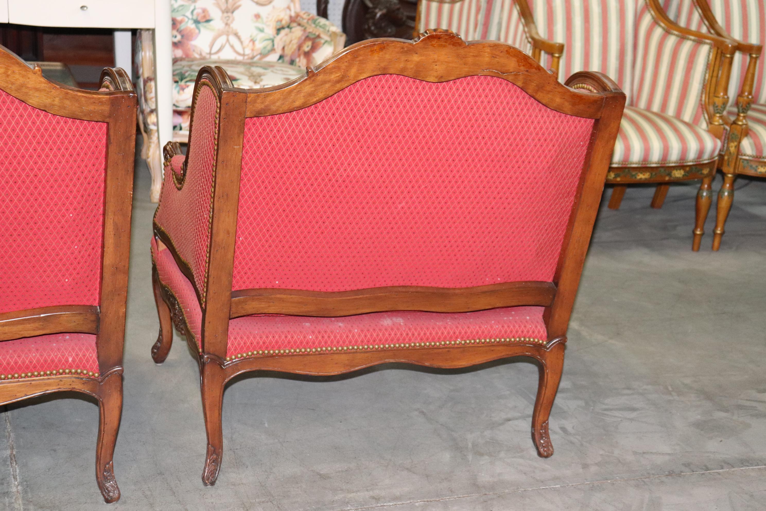 Fine Pair Carved Walnut French Louis XV Style Bergere Chairs Marquis Circa 1960s For Sale 7