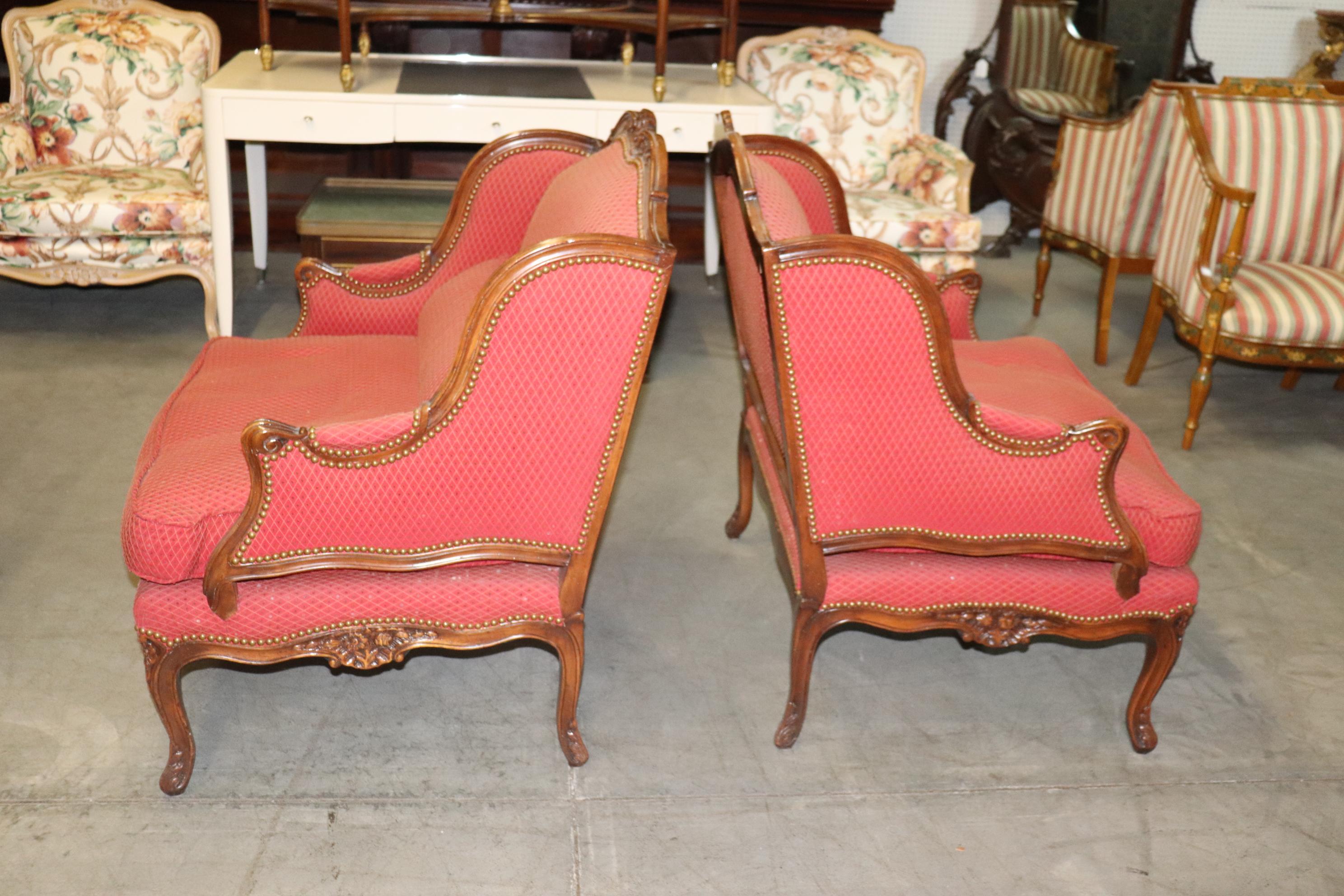 Fine Pair Carved Walnut French Louis XV Style Bergere Chairs Marquis Circa 1960s For Sale 8