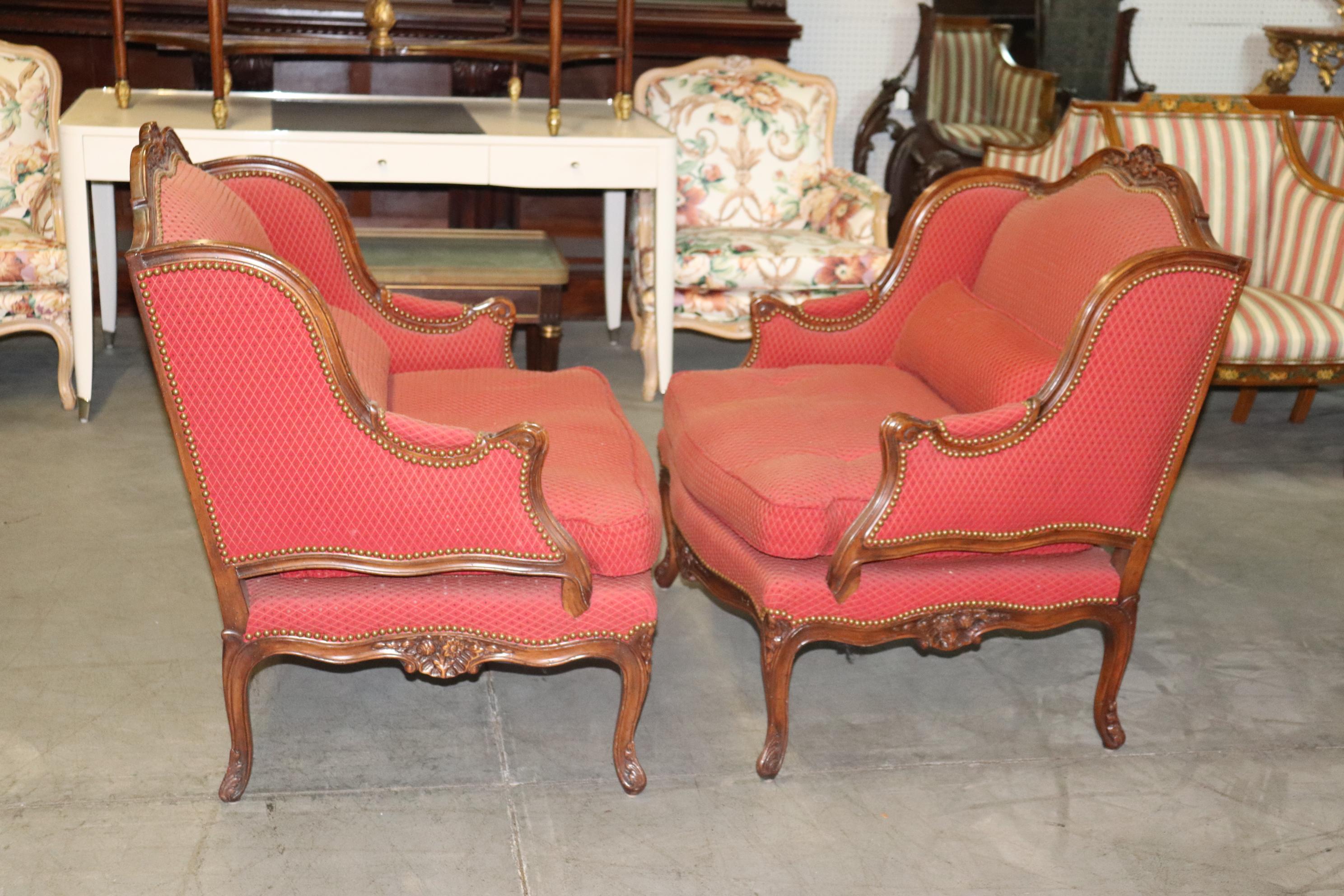 Fine Pair Carved Walnut French Louis XV Style Bergere Chairs Marquis Circa 1960s For Sale 2
