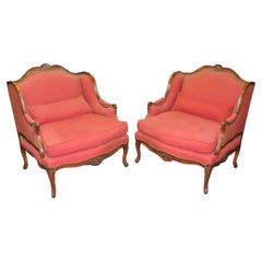 Fine Pair Carved Walnut French Louis XV Style Bergere Chairs Marquis Circa 1960s