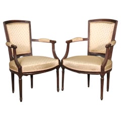 Fine Pair Carved Walnut French Louis XVI Fauteuils Armchairs C1870s