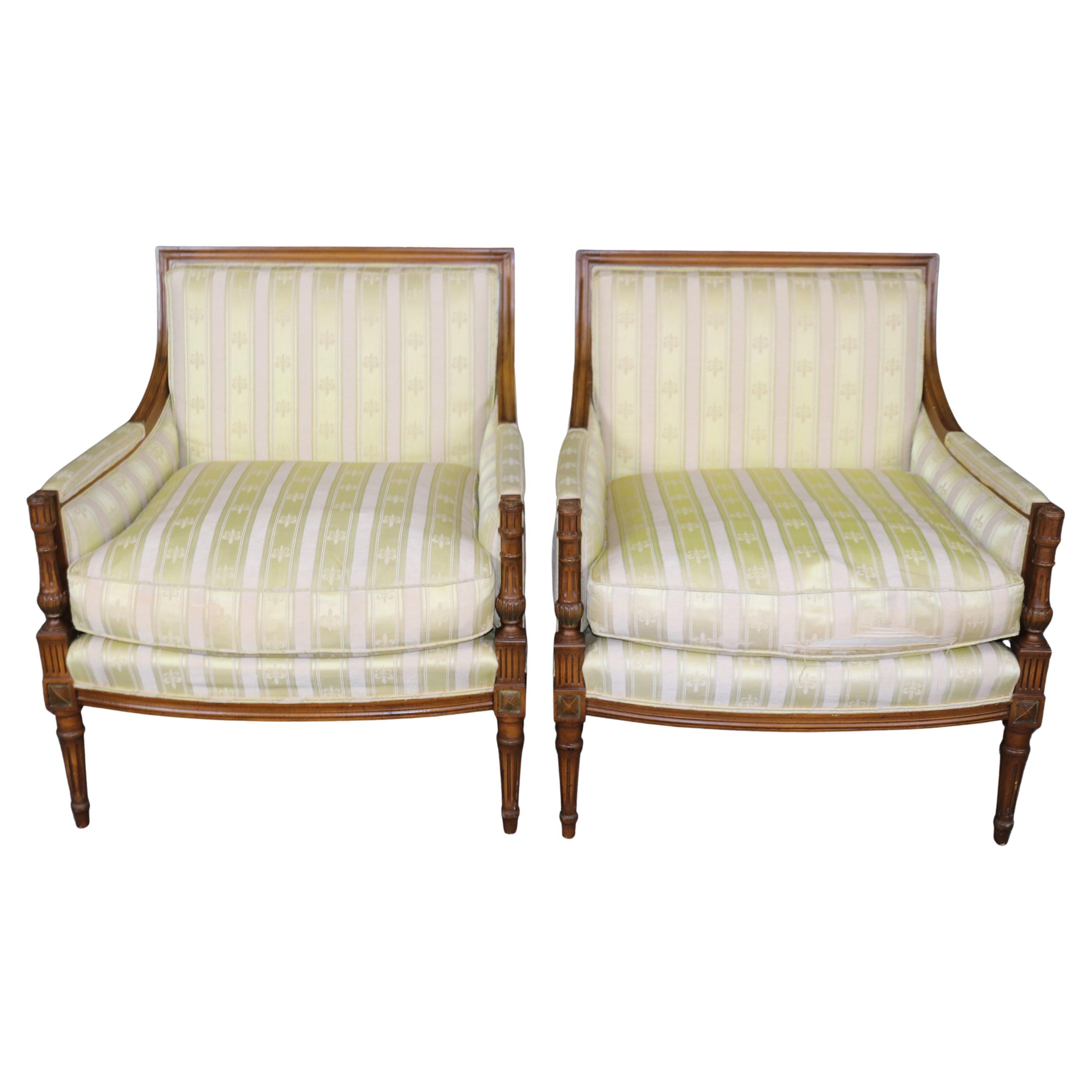 Fine Pair Carved Walnut French Louis XVI Square Back Bergere Chairs