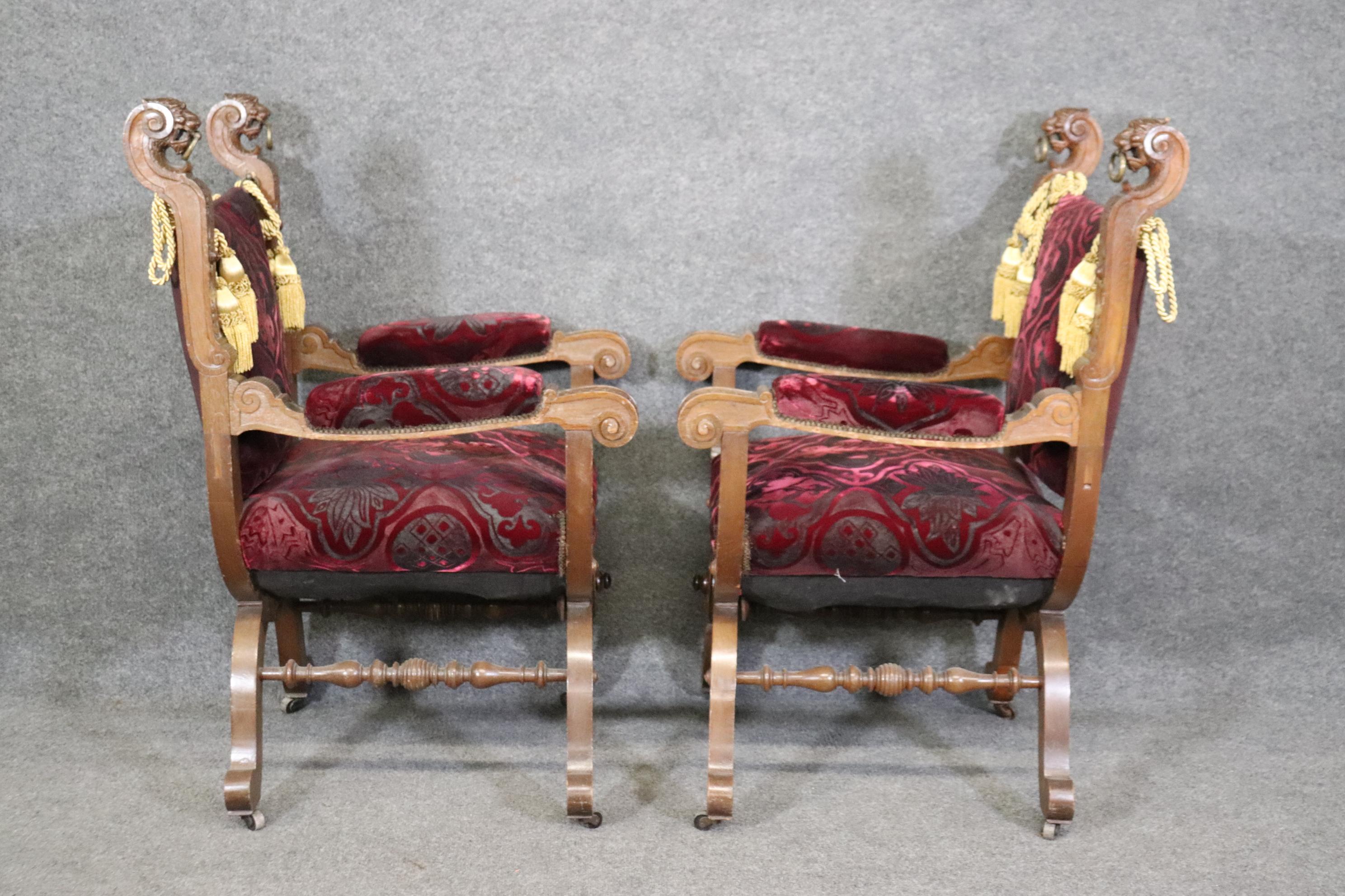 Brass Fine Pair Carved Walnut Italian Made Lion Head Savonarolla Chairs  For Sale