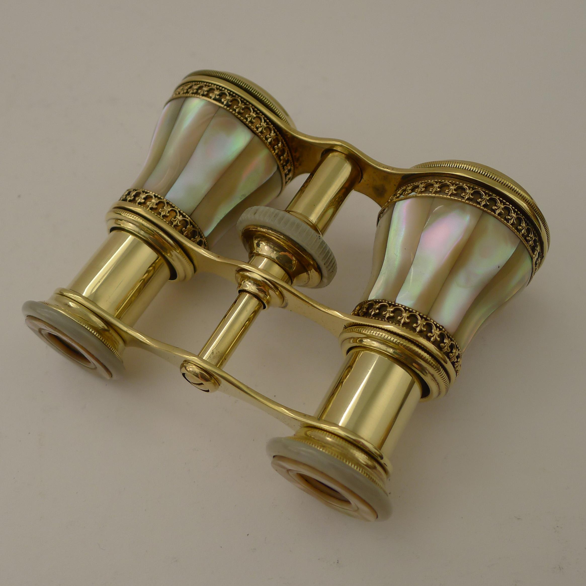 Brass Fine Pair Cased French Mother of Pearl Opera Glasses