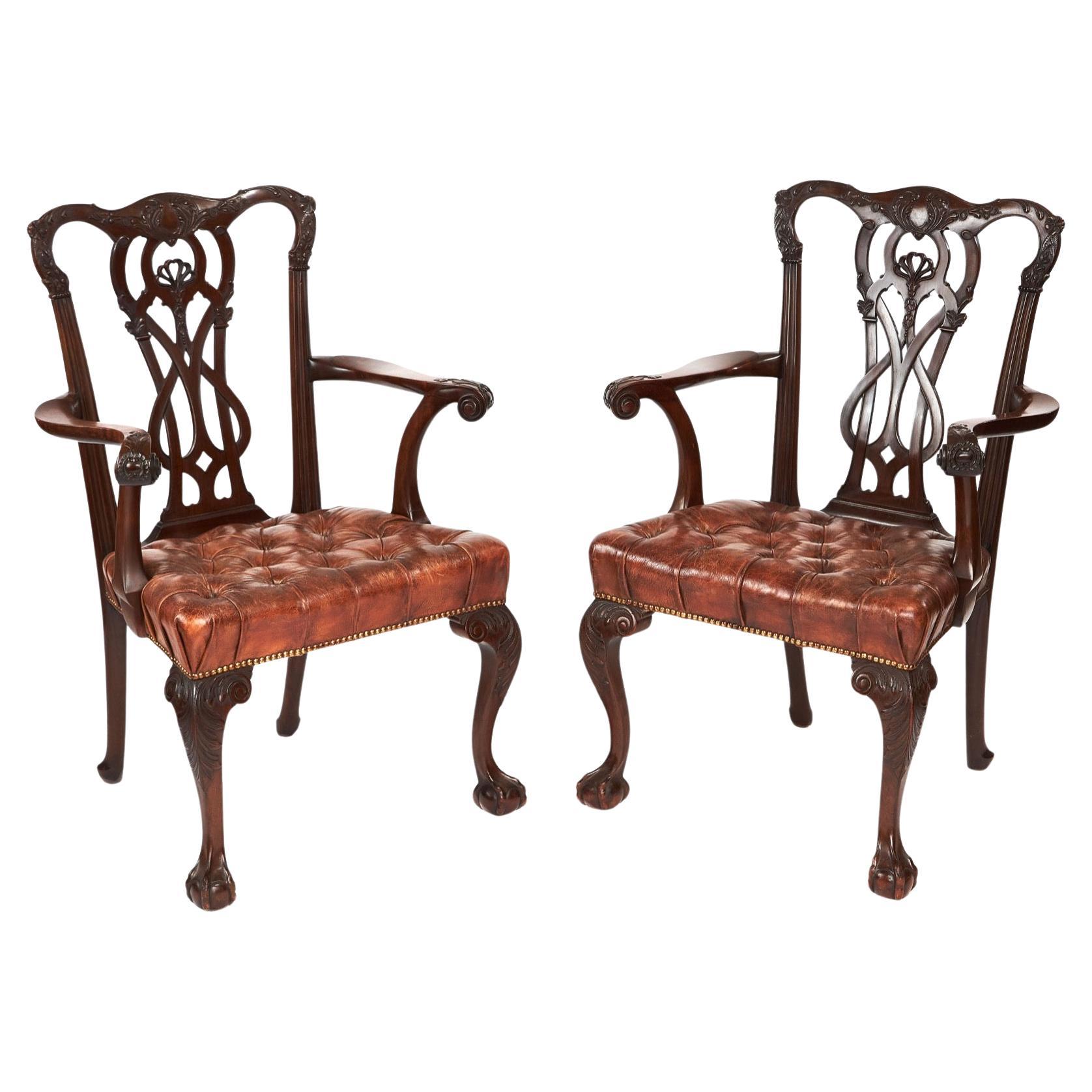 Fine pair Chippendale style mahogany elbow chairs circa 1900