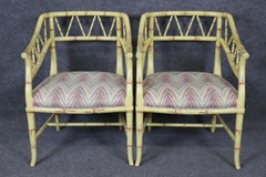 Fine Pair Creme Painted Chinese Chippendale Faux Bamboo Armchairs Circa 1960