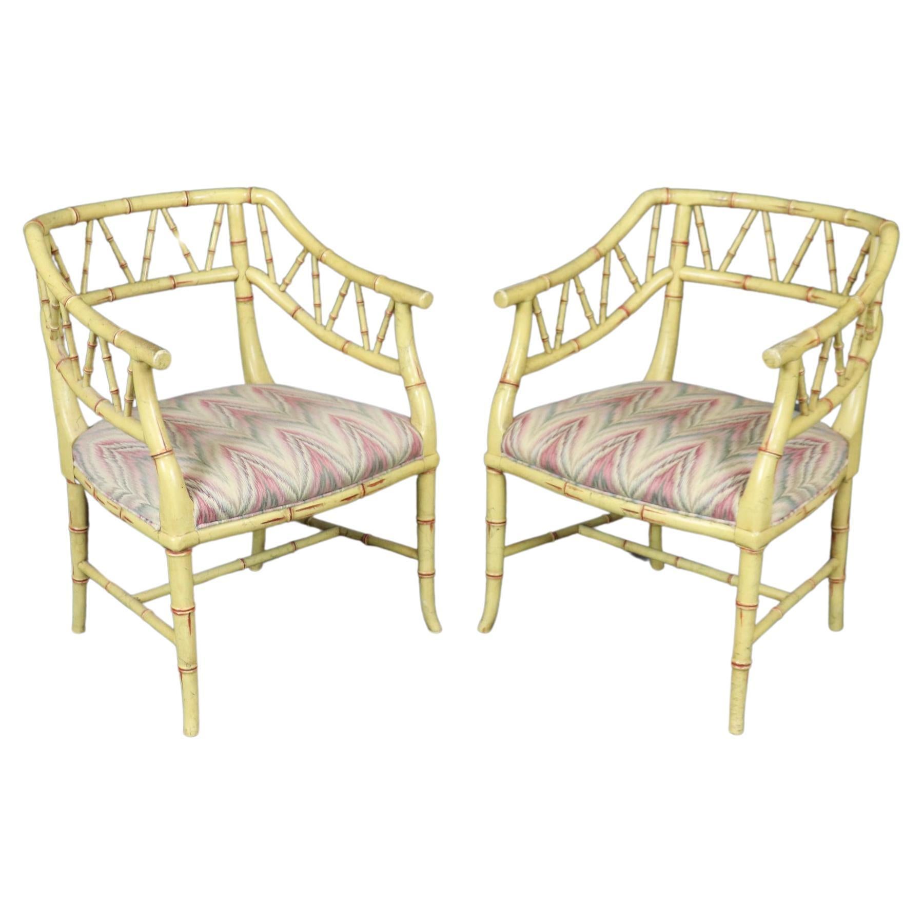 Fine Pair Creme Painted Chinese Chippendale Faux Bamboo Armchairs Circa 1960
