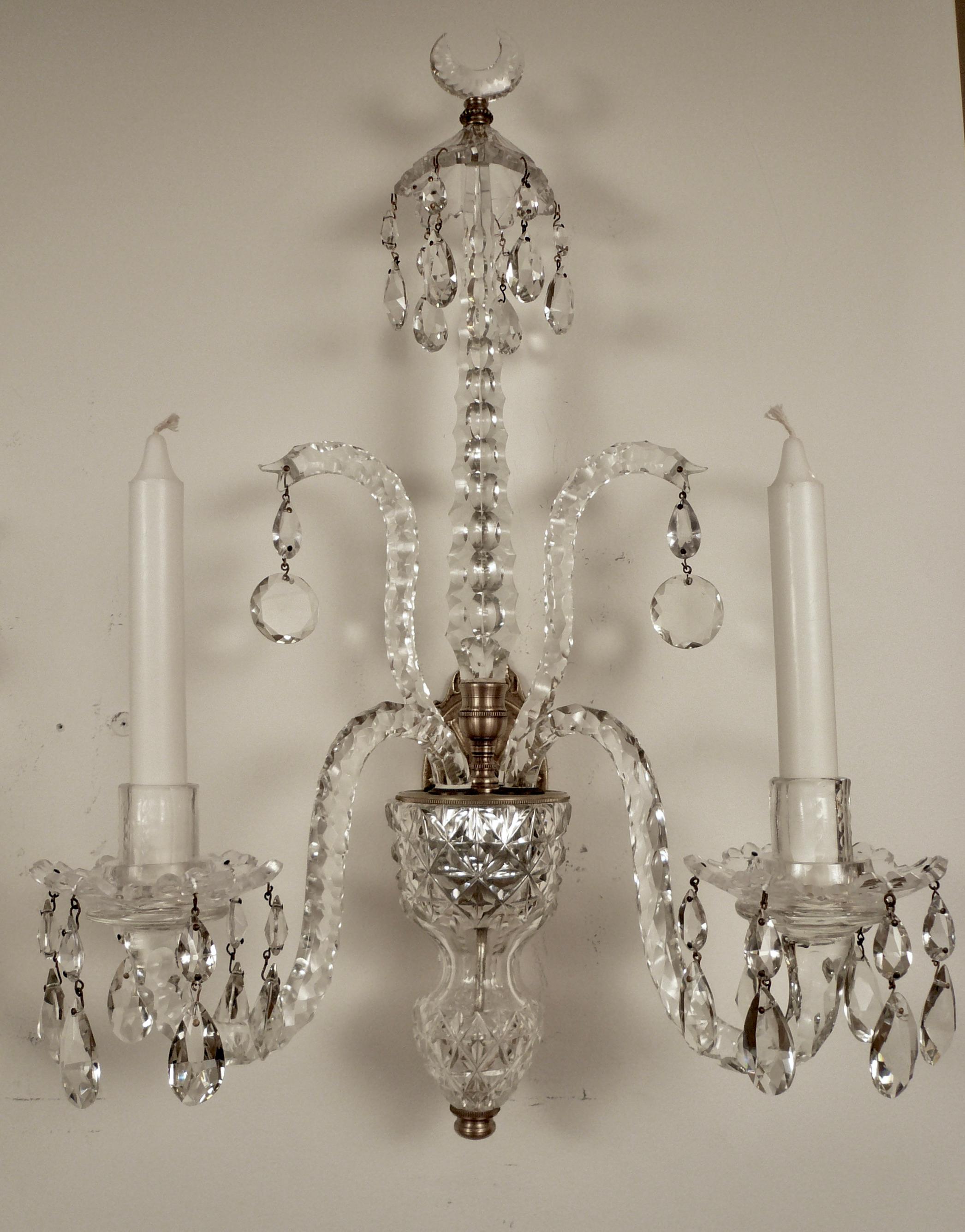 Faceted Fine Pair English Georgian Cut Crystal Sconces For Sale