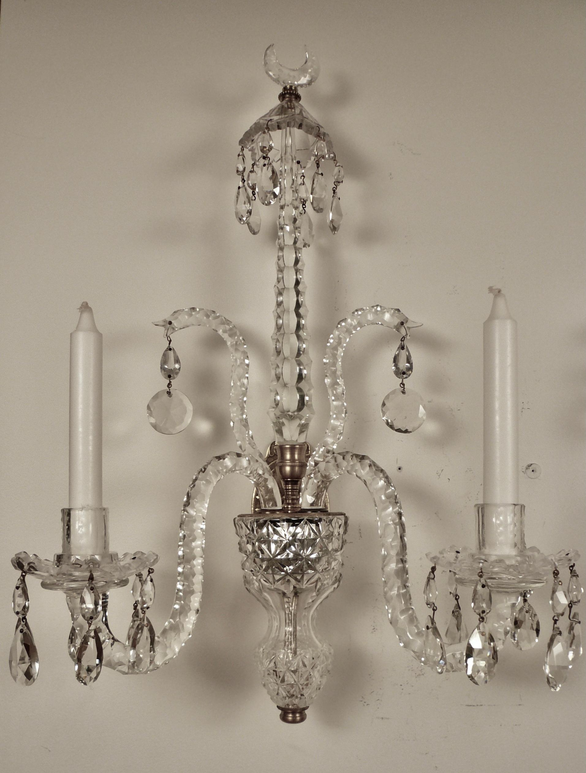 Fine Pair English Georgian Cut Crystal Sconces In Good Condition In Pittsburgh, PA
