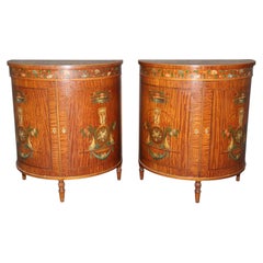 Fine Pair English Satinwood Adams Style With Paint Decoration 1920s Era Commodes