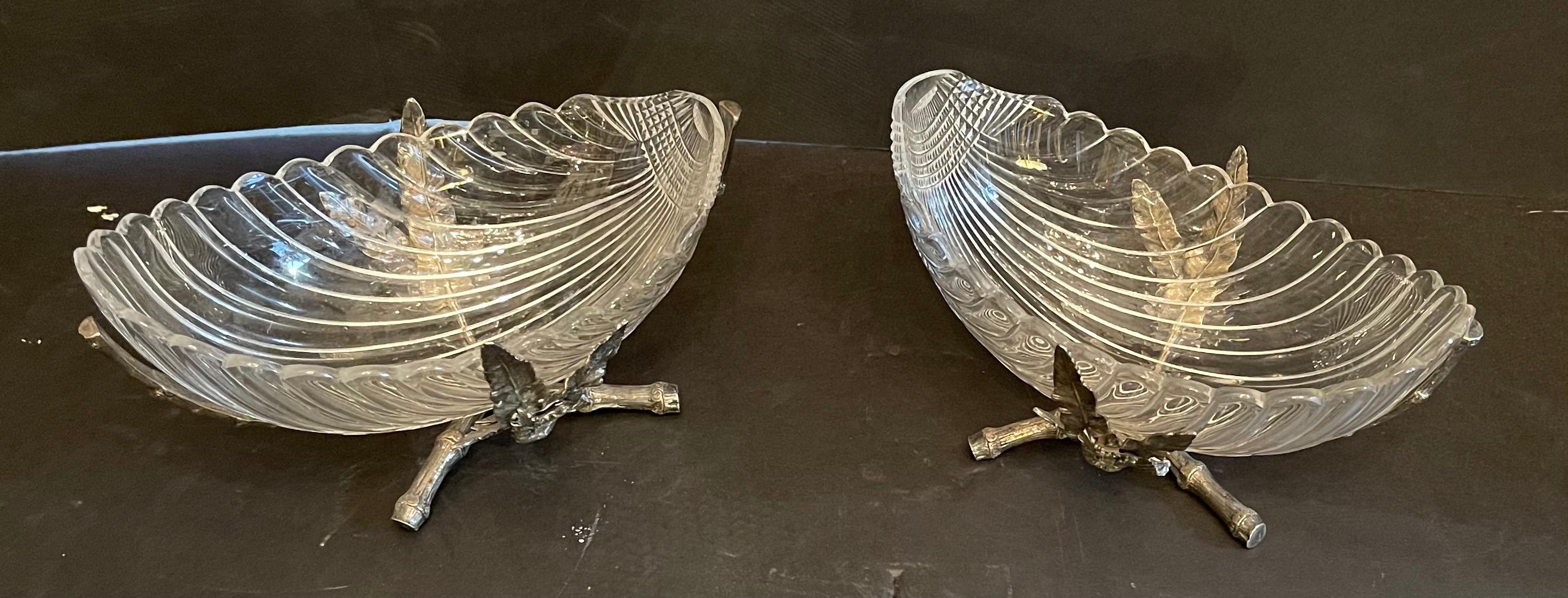 Fine pair of English silvered bronze ormolu in bamboo and leaf form, 
set with glass / crystal shell form bowls / compotes.

 
