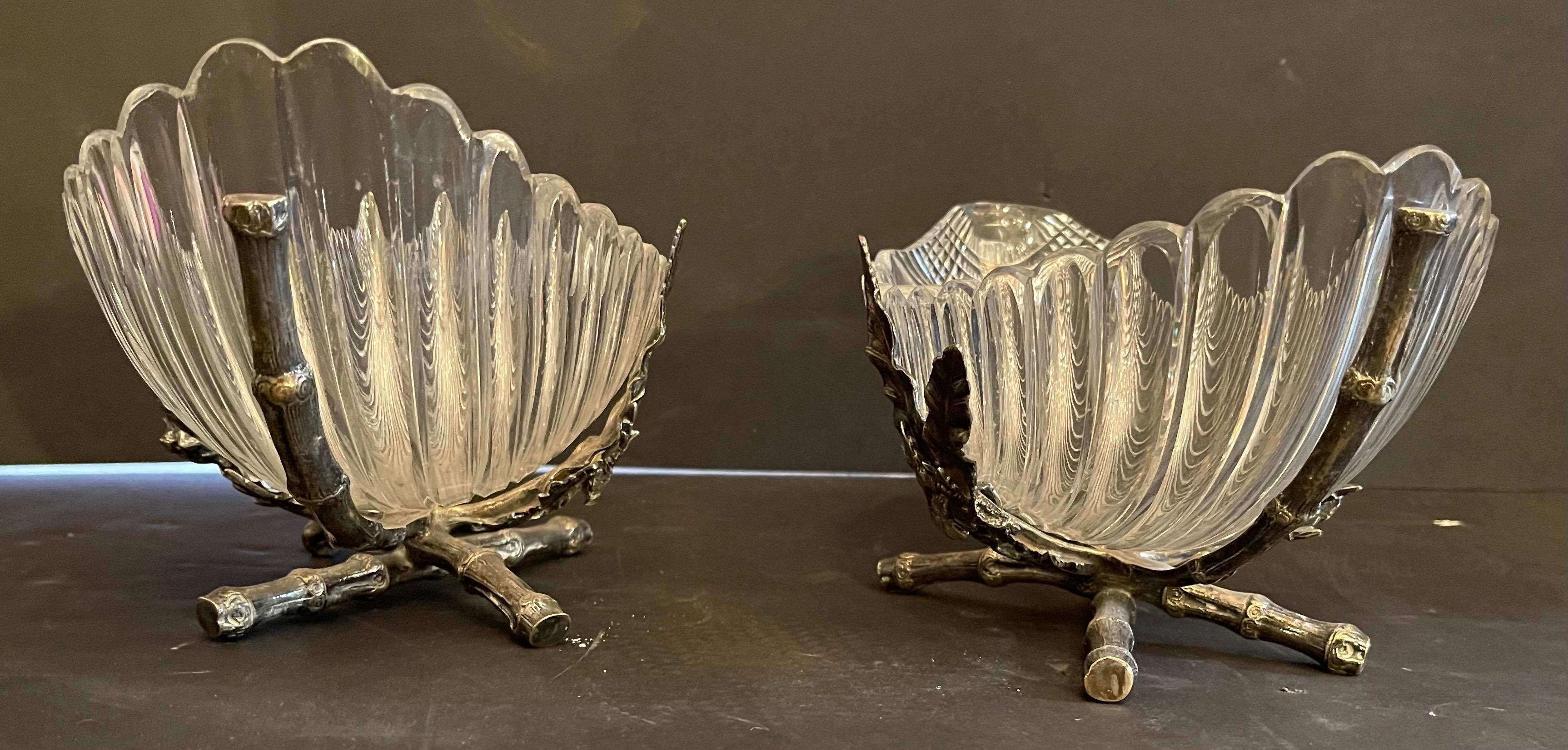 Belle Époque Fine Pair of English Silvered Bronze Glass Crystal Ormolu Bowls Bamboo Compotes For Sale