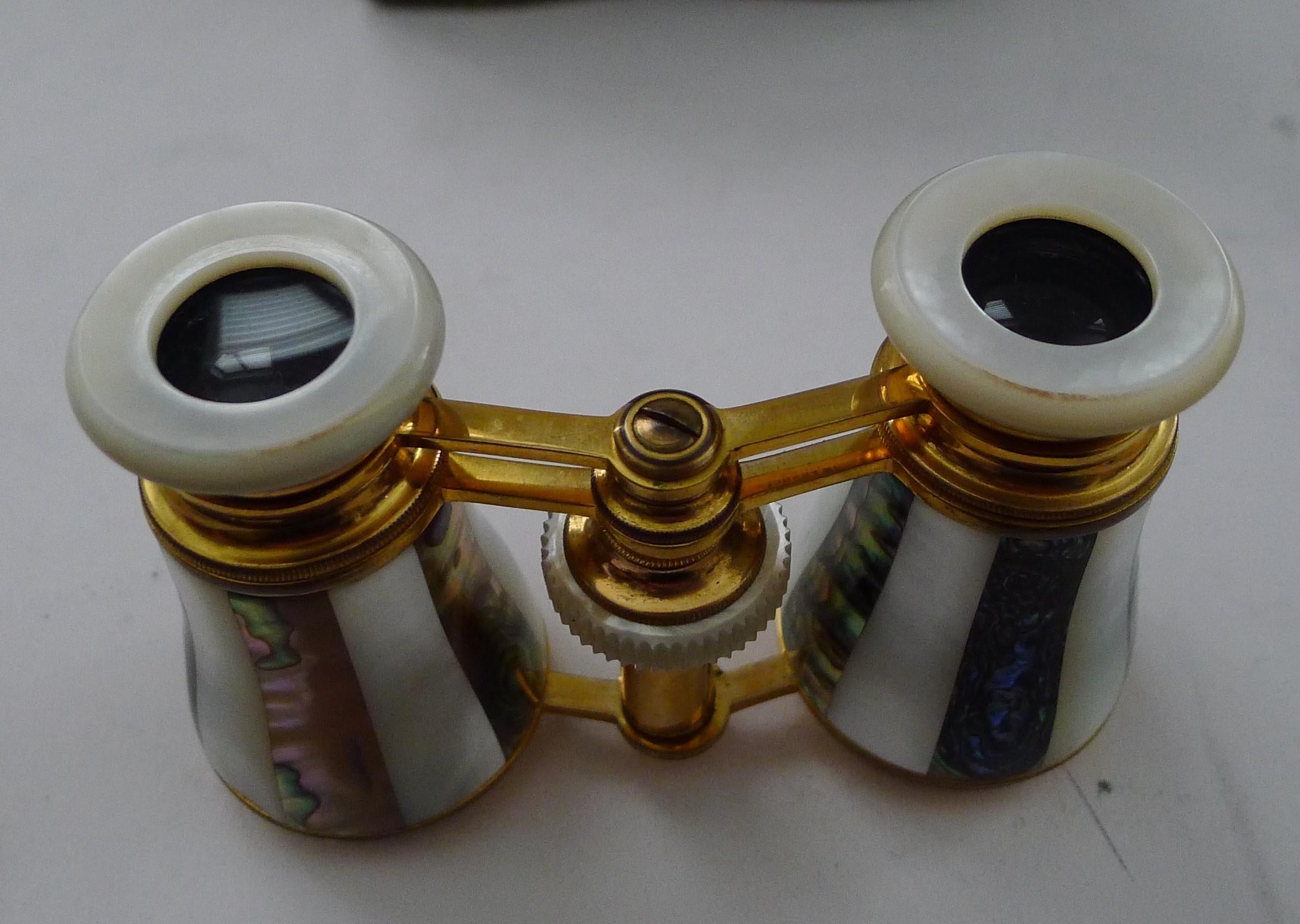 Gilt Fine Pair French Abalone & Mother of Pearl Opera Glasses For Sale