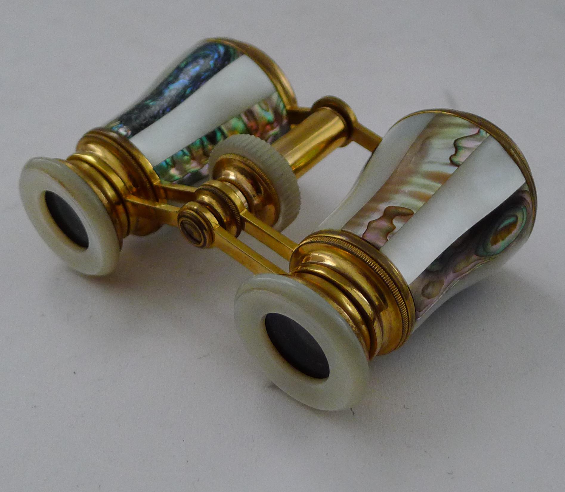 Brass Fine Pair French Abalone & Mother of Pearl Opera Glasses For Sale