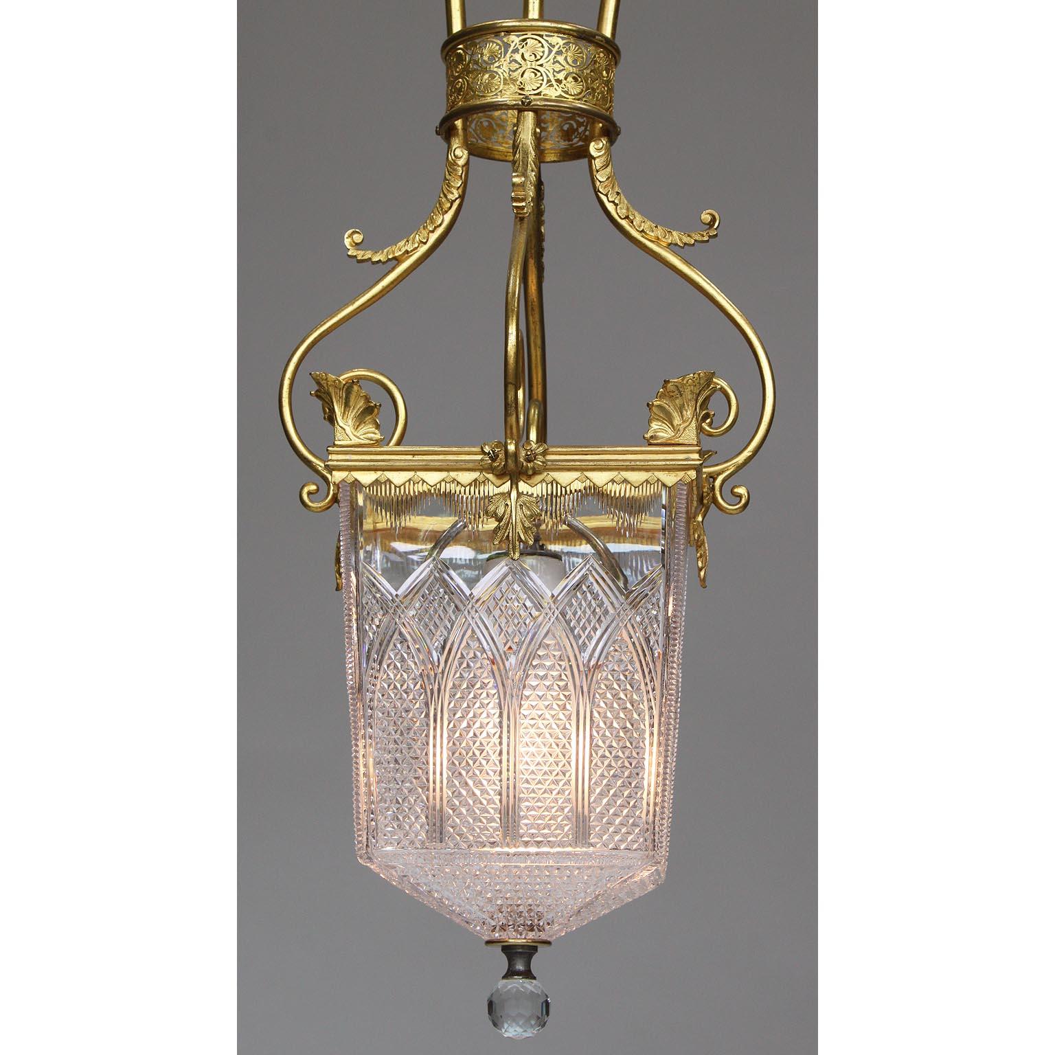 Early 20th Century Fine Pair of Belle Époque Neoclassical Style Gilt-Metal and Cut-Glass Lanterns For Sale