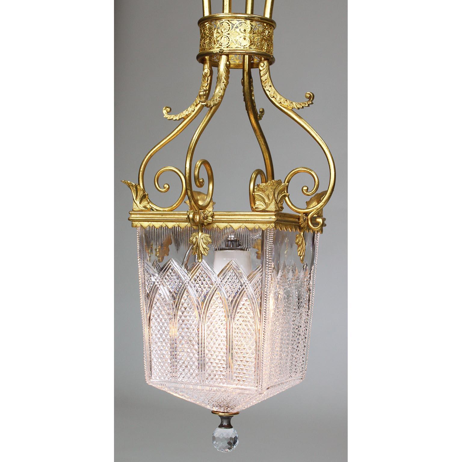 Cut Glass Fine Pair of Belle Époque Neoclassical Style Gilt-Metal and Cut-Glass Lanterns For Sale