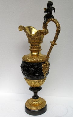 Fine Pair of French Bronze Ormolu Ewers Manner of Claude Michel Clodion