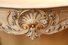 Pair of French Carved Louis XV Consoles, Marble Tops, Parcel Paint/Gilt Finish