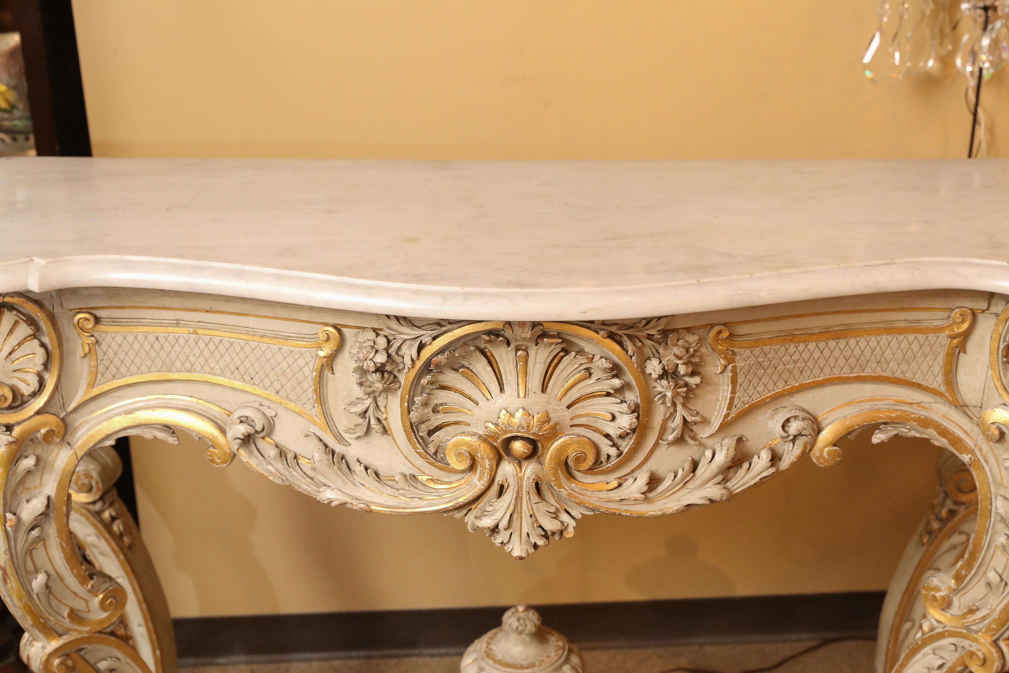 Pair of French Carved Louis XV Consoles, Marble Tops, Parcel Paint/Gilt Finish For Sale 2