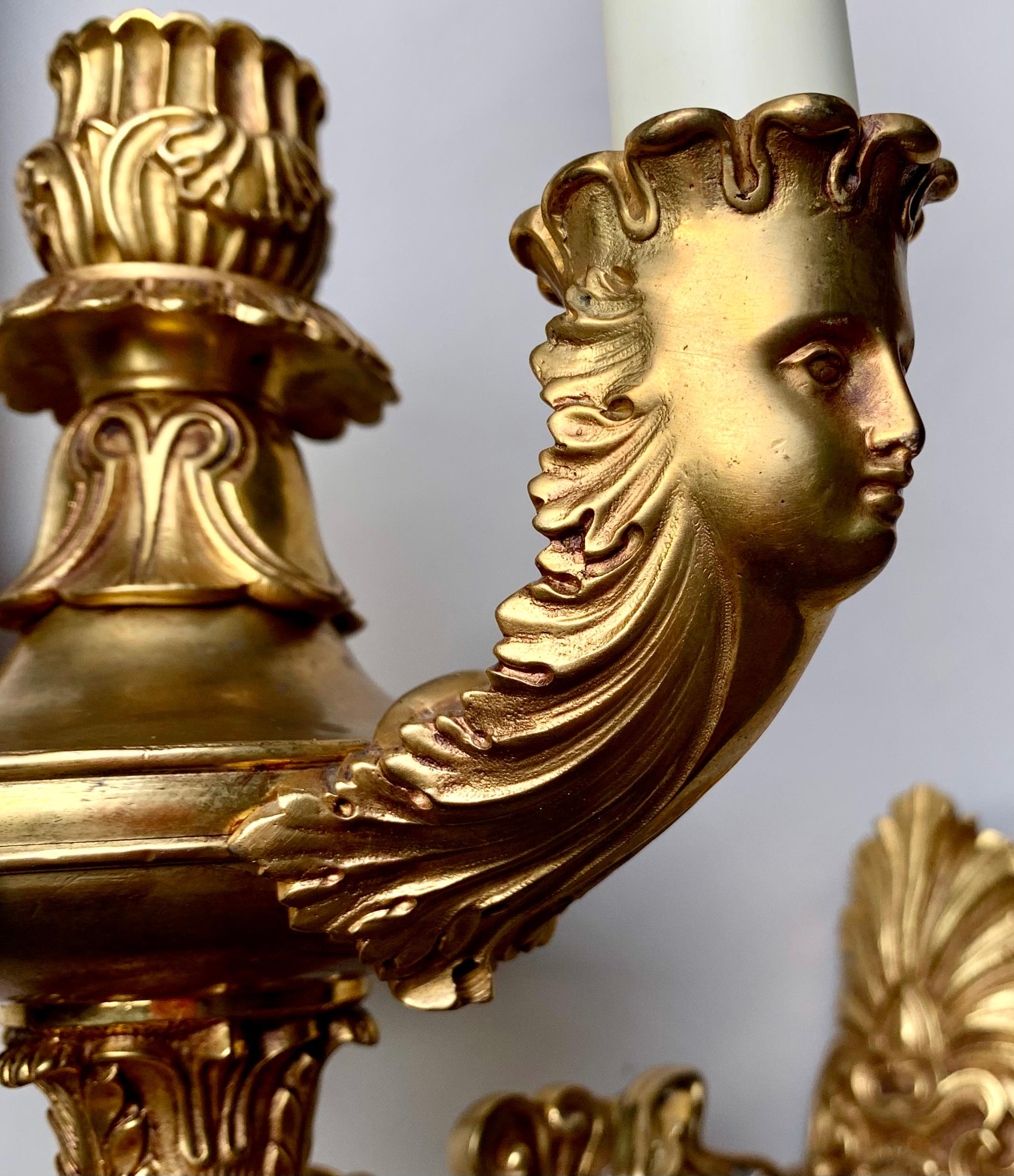 Fine Pair French Empire Period Gilt Bronze Figural Three Light Sconces For Sale 7