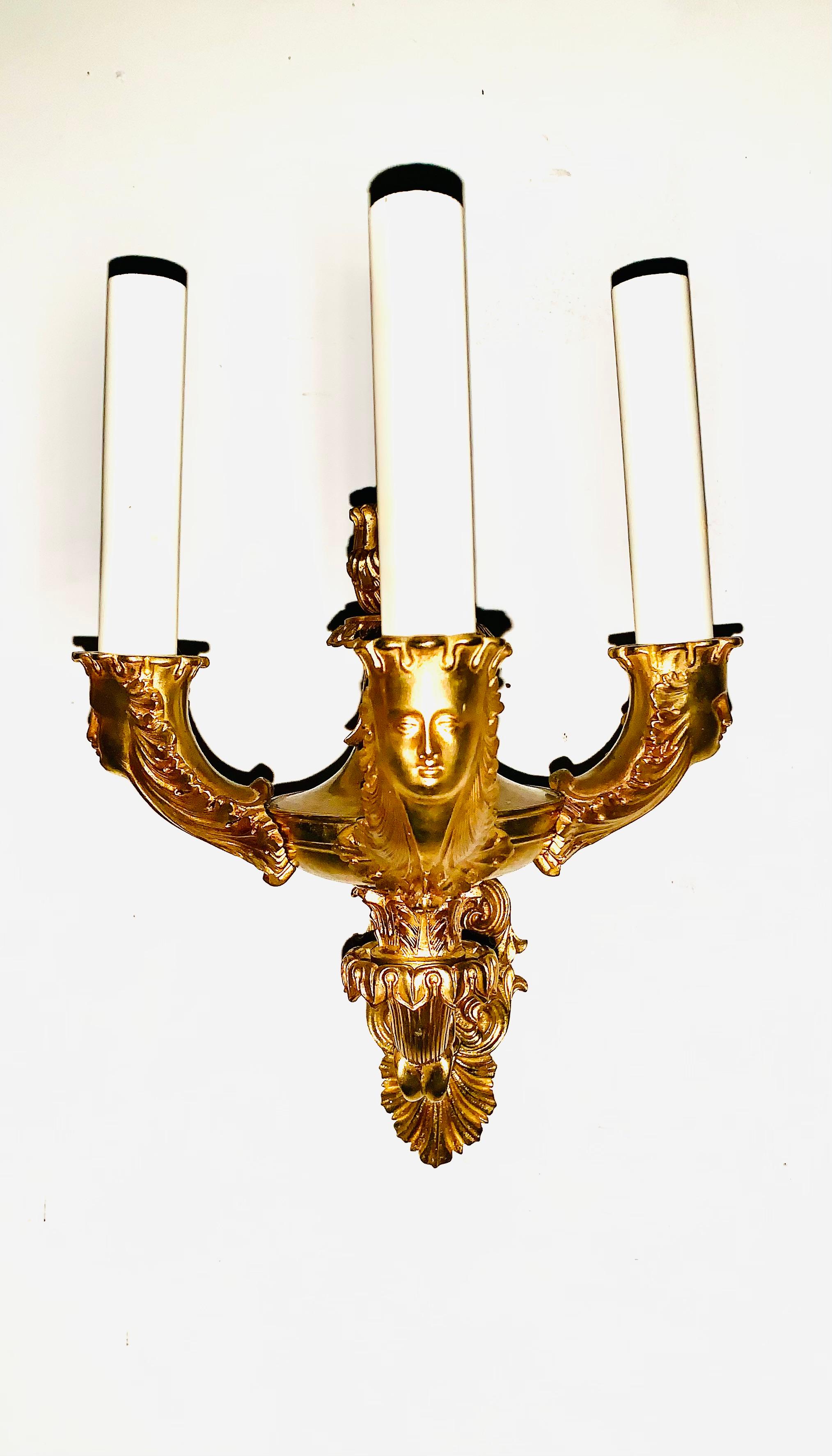 Fine Pair French Empire Period Gilt Bronze Figural Three Light Sconces For Sale 9