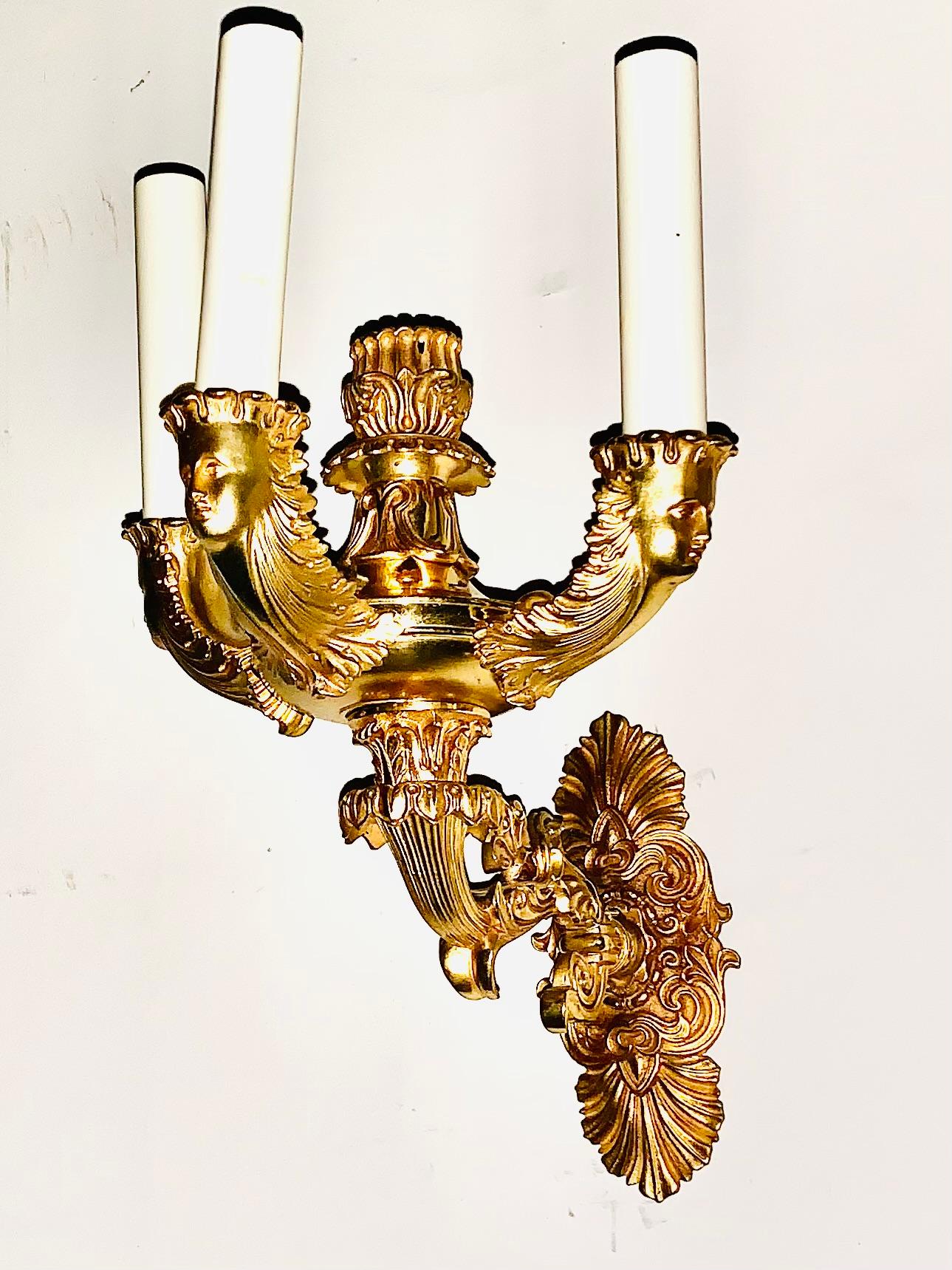 Fine Pair French Empire Period Gilt Bronze Figural Three Light Sconces For Sale 10