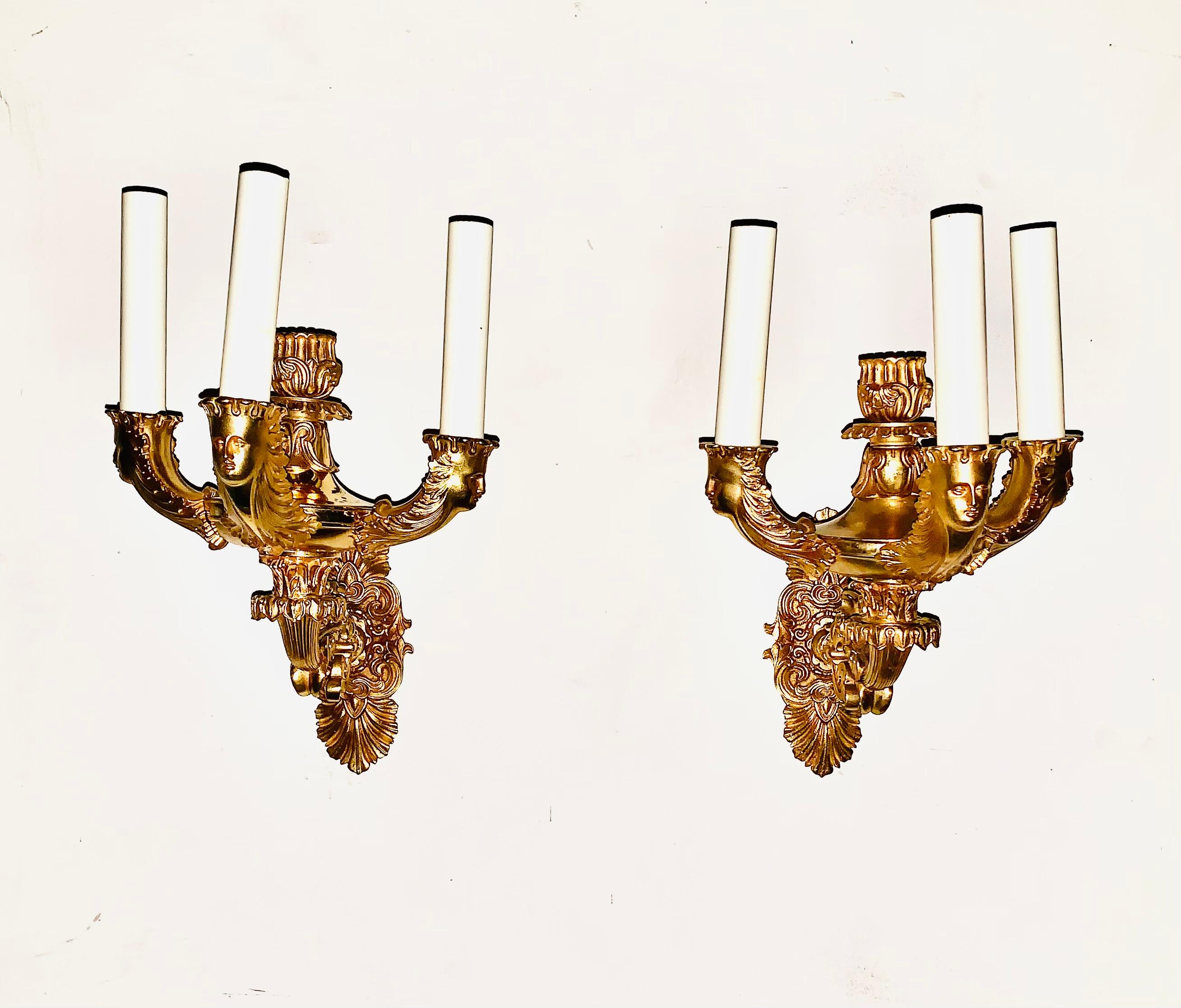 Fine Pair French Empire Period Gilt Bronze Figural Three Light Sconces For Sale 11