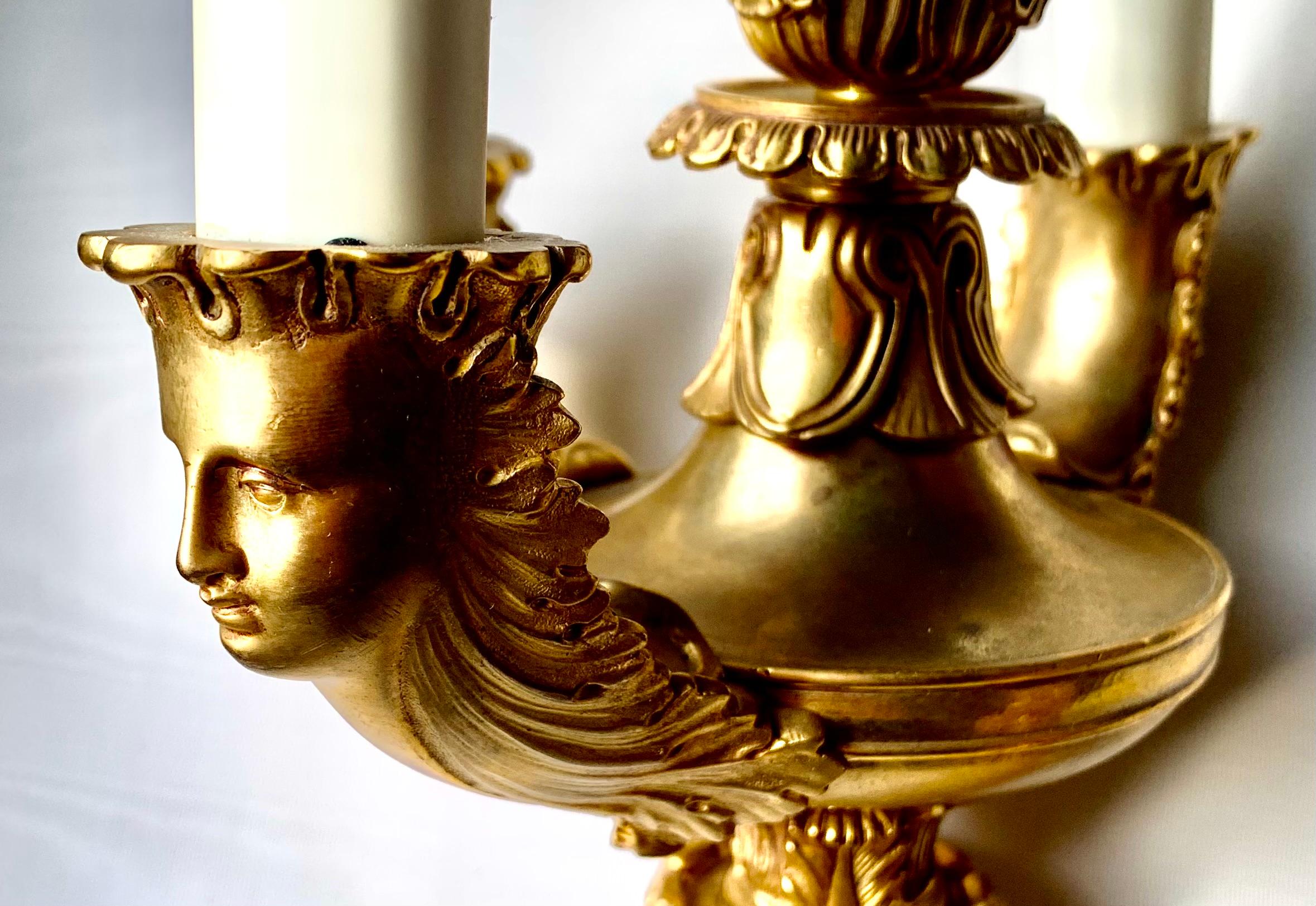 Fine Pair French Empire Period Gilt Bronze Figural Three Light Sconces In Good Condition For Sale In New York, NY