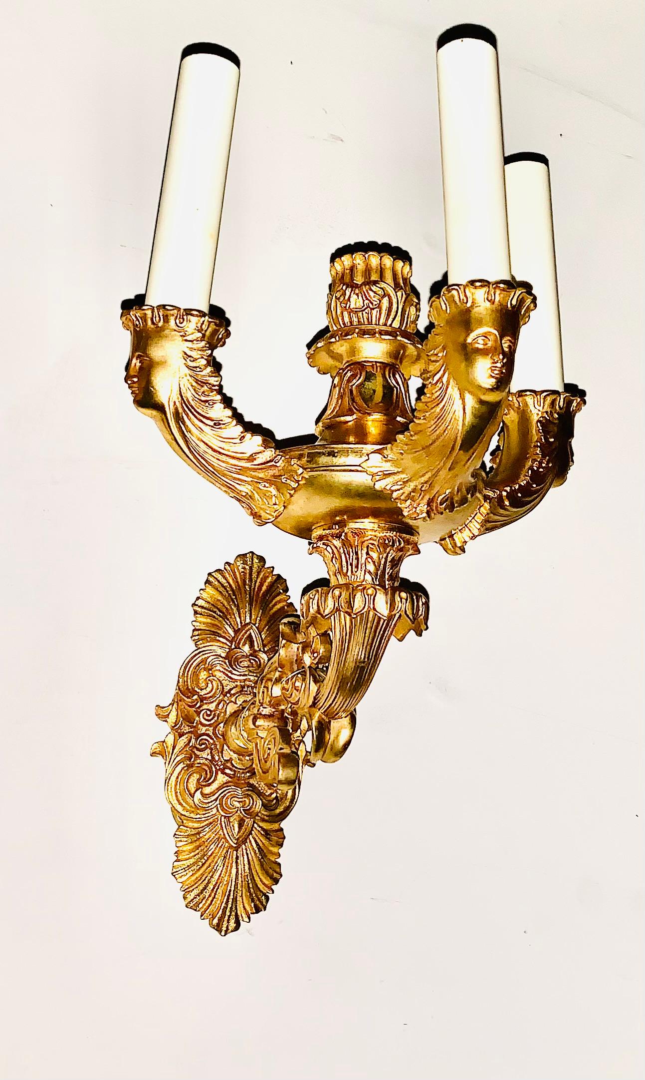 Fine Pair French Empire Period Gilt Bronze Figural Three Light Sconces For Sale 3