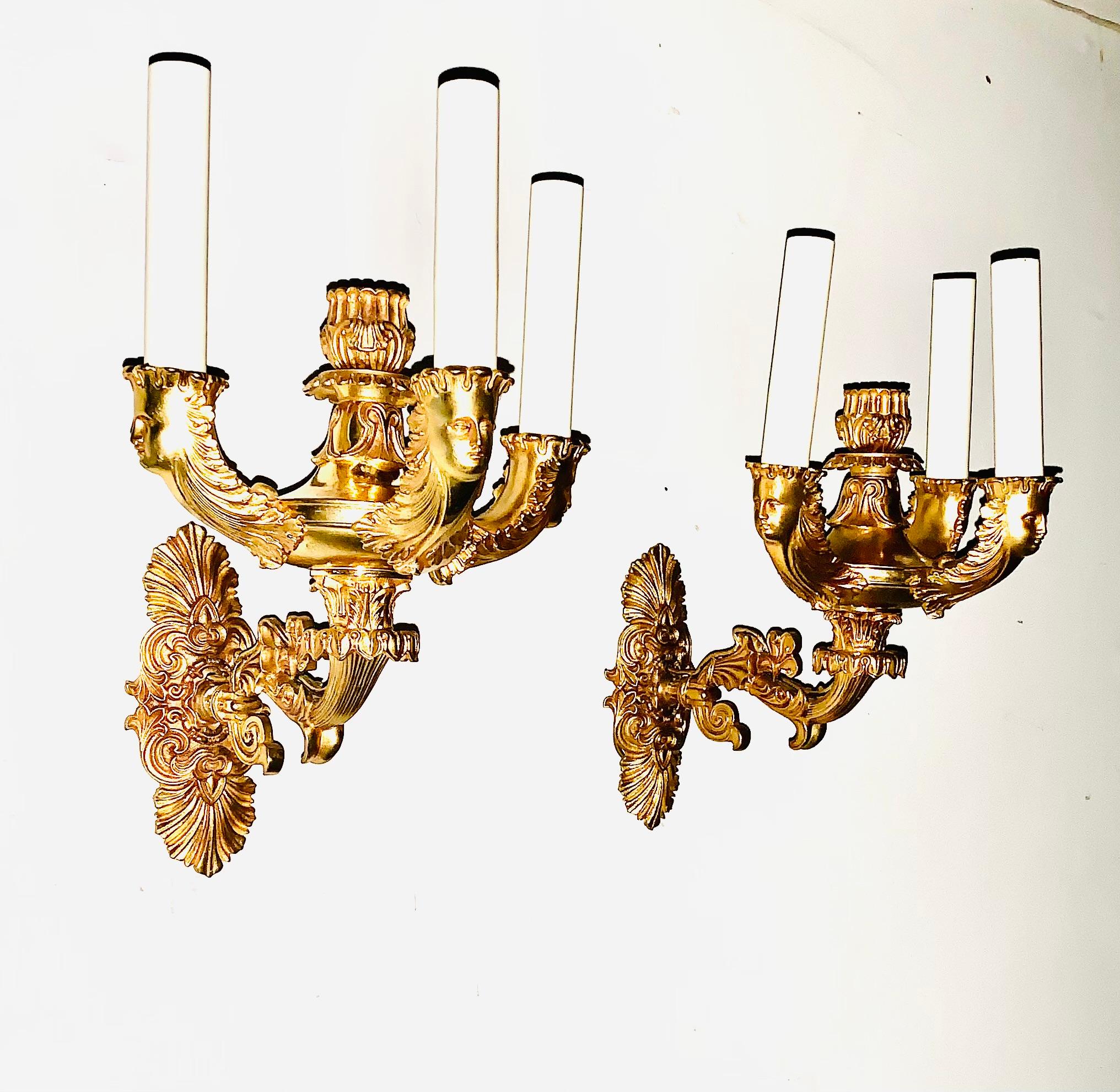 Fine Pair French Empire Period Gilt Bronze Figural Three Light Sconces For Sale 4