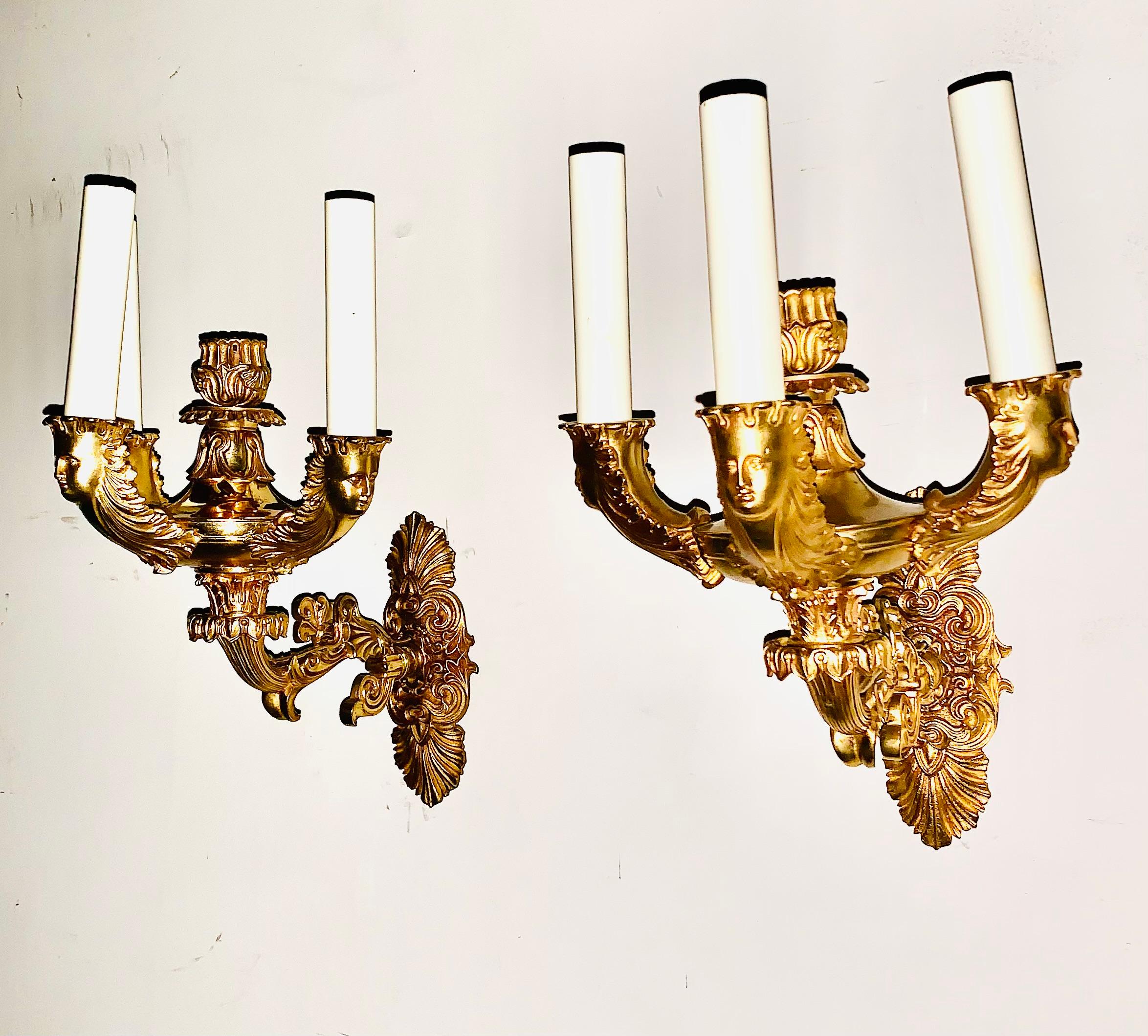 Fine Pair French Empire Period Gilt Bronze Figural Three Light Sconces For Sale 5