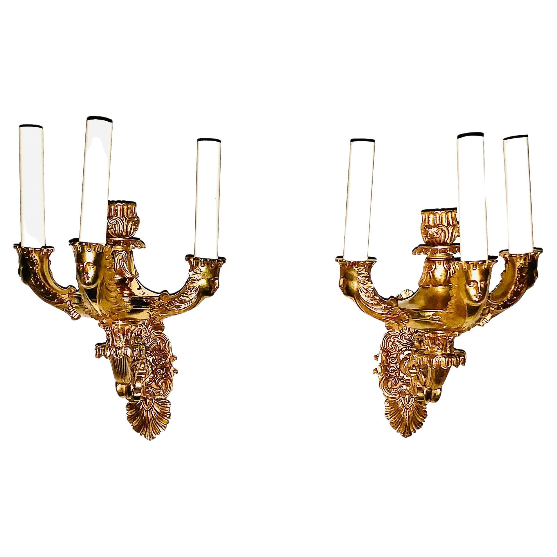 Fine Pair French Empire Period Gilt Bronze Figural Three Light Sconces For Sale